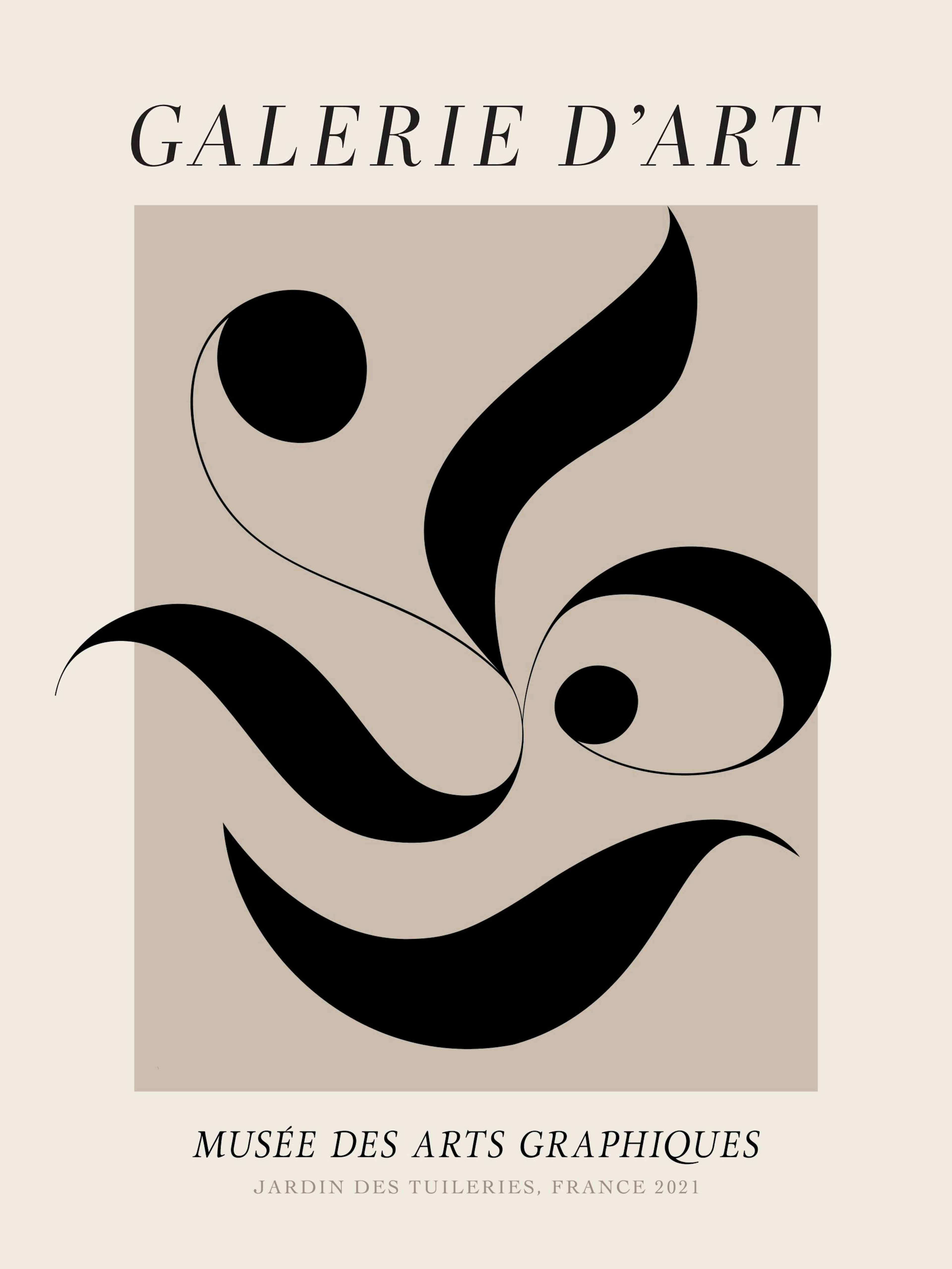 Abstrakte schwarze Figuren in Beige auf hellem Hintergrund mit schwarzem Text, modernes Wandposter.