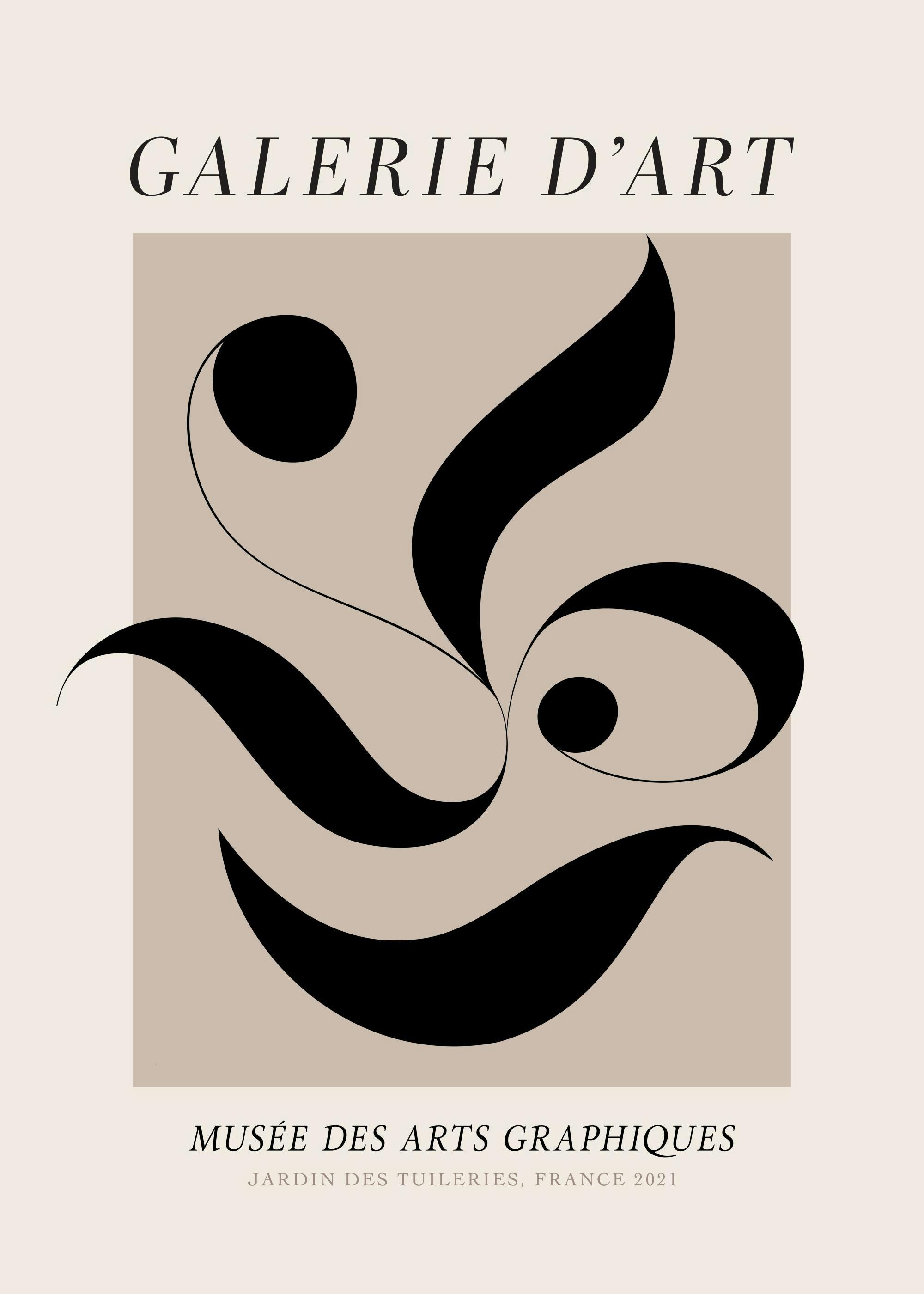 Galerie Dart No2 print with black abstract shapes in a beige square on a light background with black text.