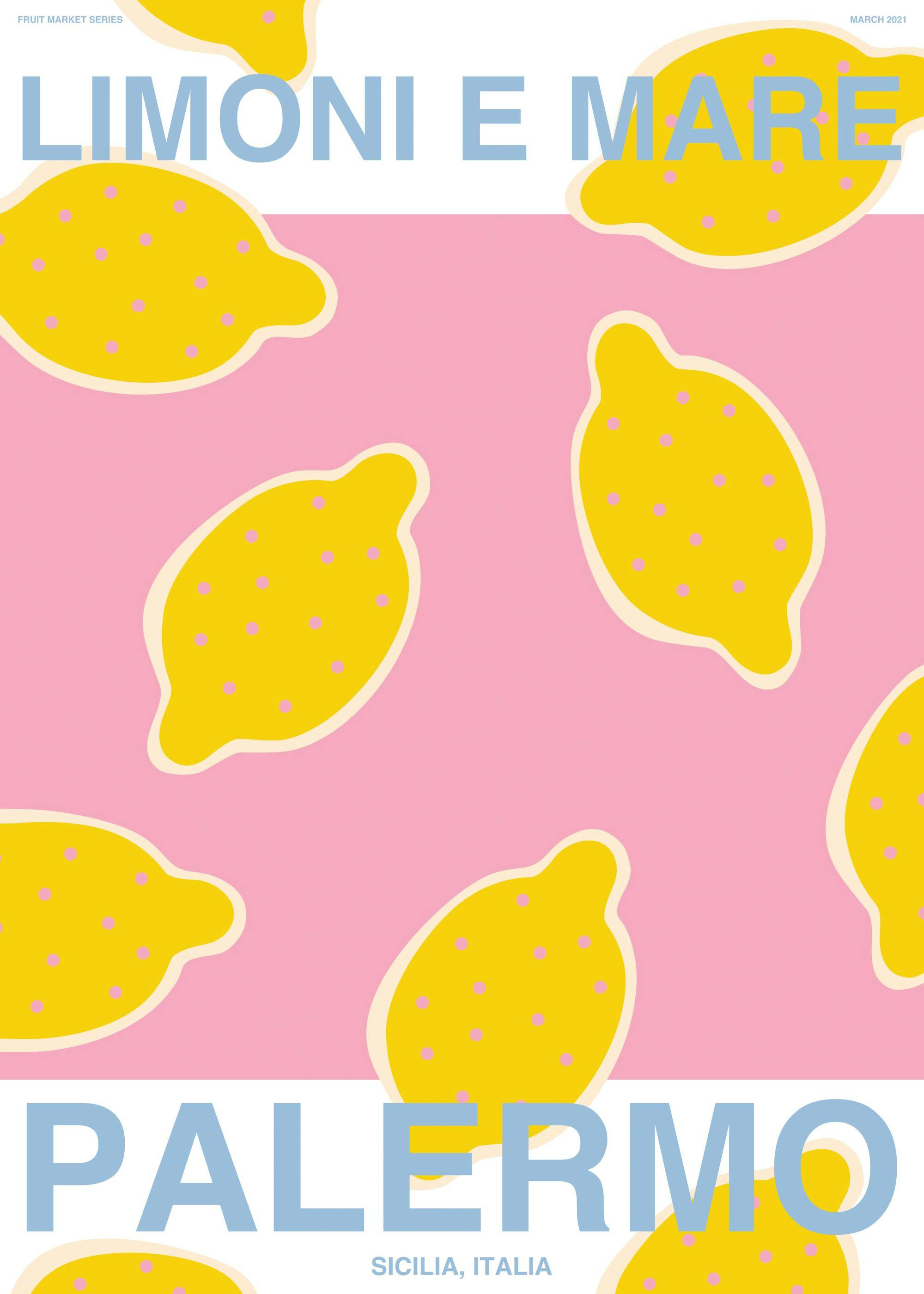 Palermo Poster: Grafische Illustration mit gelben Zitronen und rosa Punkten auf weiß-rosa Hintergrund, blauer Text Limoni e mare