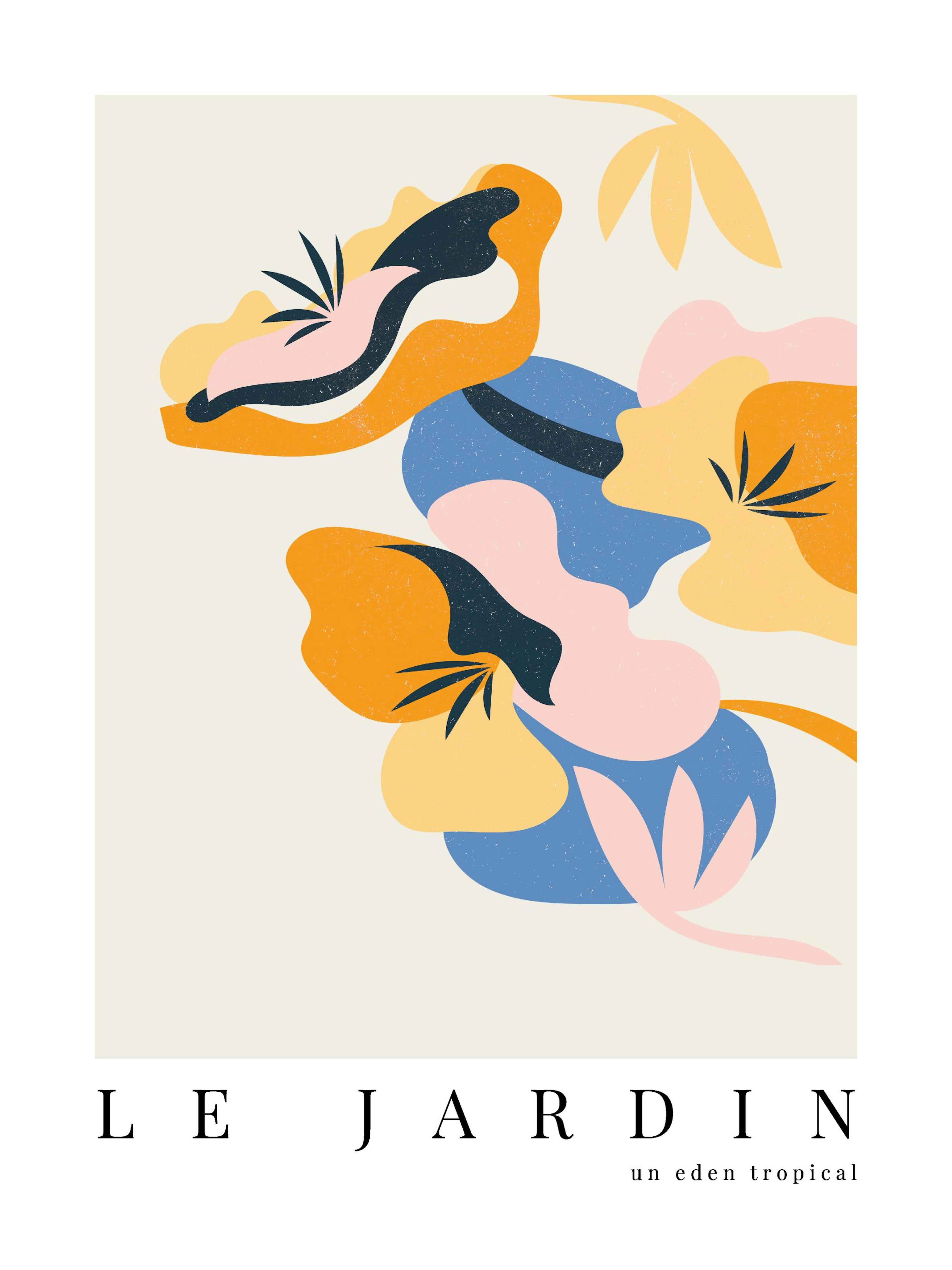 Plakat med abstrakt illustration af lyserøde, orange, blå og gule blomster på lys beige baggrund. Le Jardin plakat.