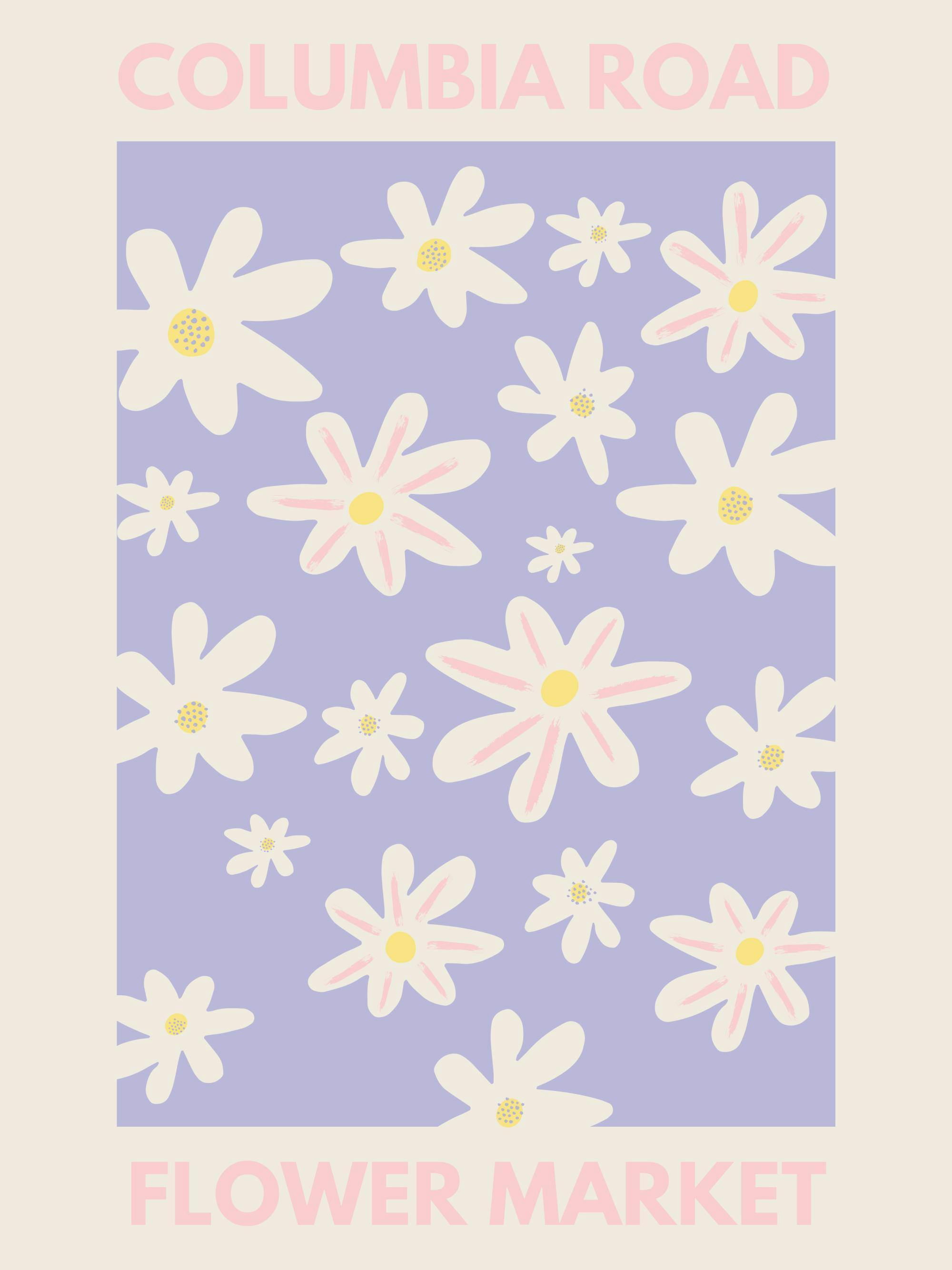Affiche Columbia Road : illustration florale de fleurs blanches sur fond violet avec texte en rose.