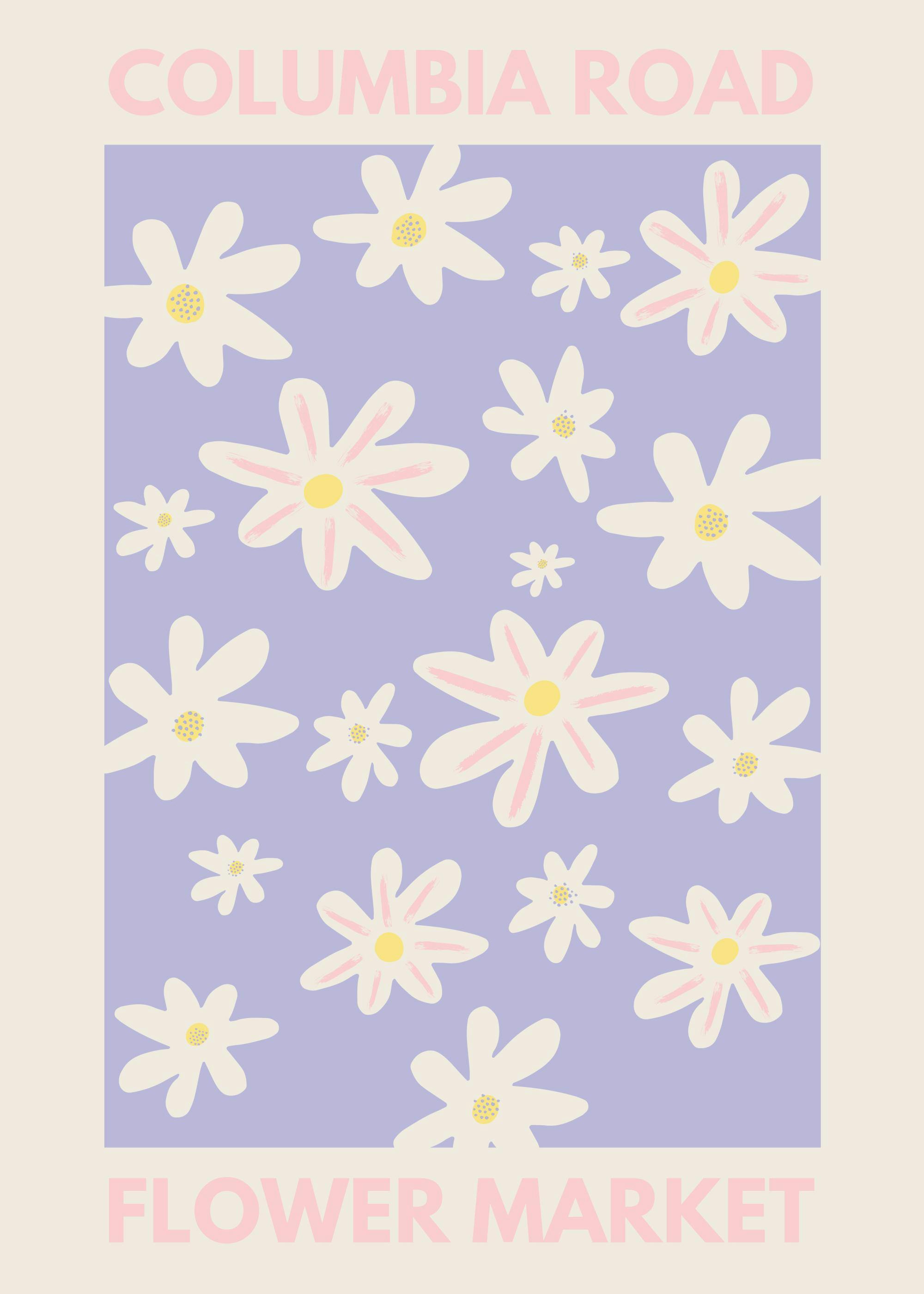 Póster de diseño gráfico con ilustración de flores blancas y amarillas sobre fondo violeta, con texto Columbia Road Flower Marke