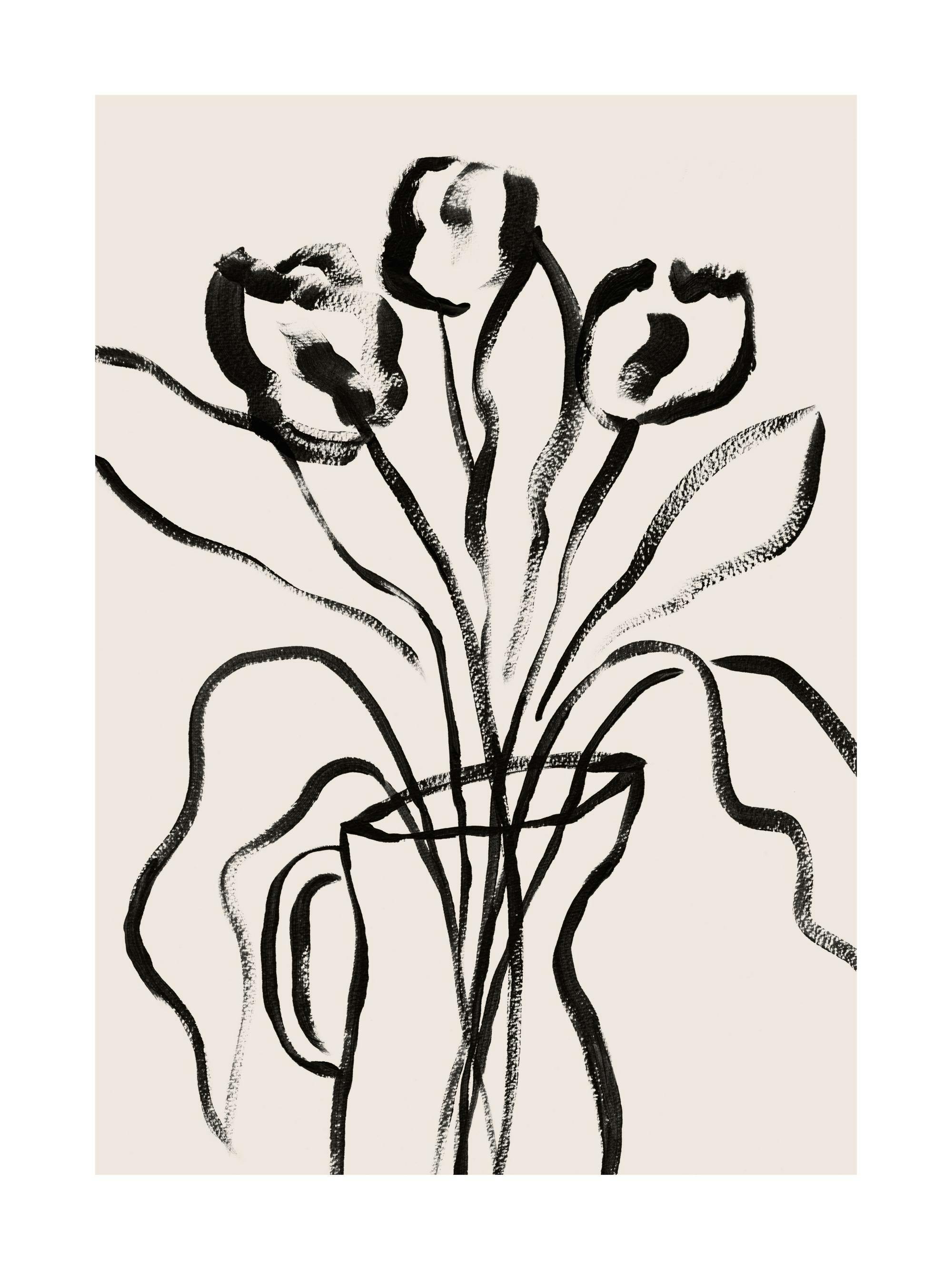 Käsinpiirretty mustavalkoinen kukkajuliste, jossa on kolme mustaa kukkaa mustassa maljakossa beigellä pohjalla. Kukkapiirros.