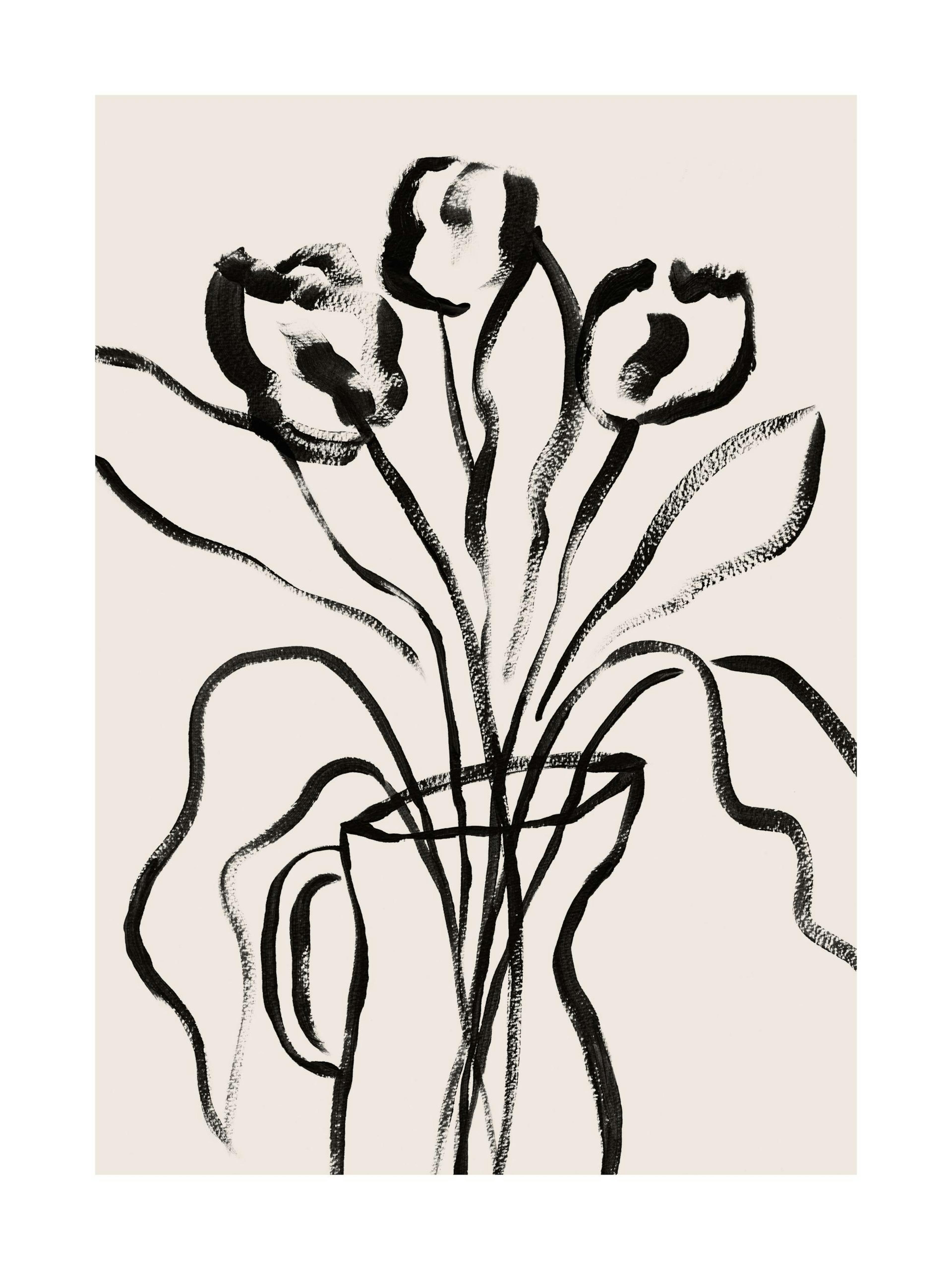 Håndtegnet illustration af sorte blomster i en sort vase på beige baggrund, botanisk plakat