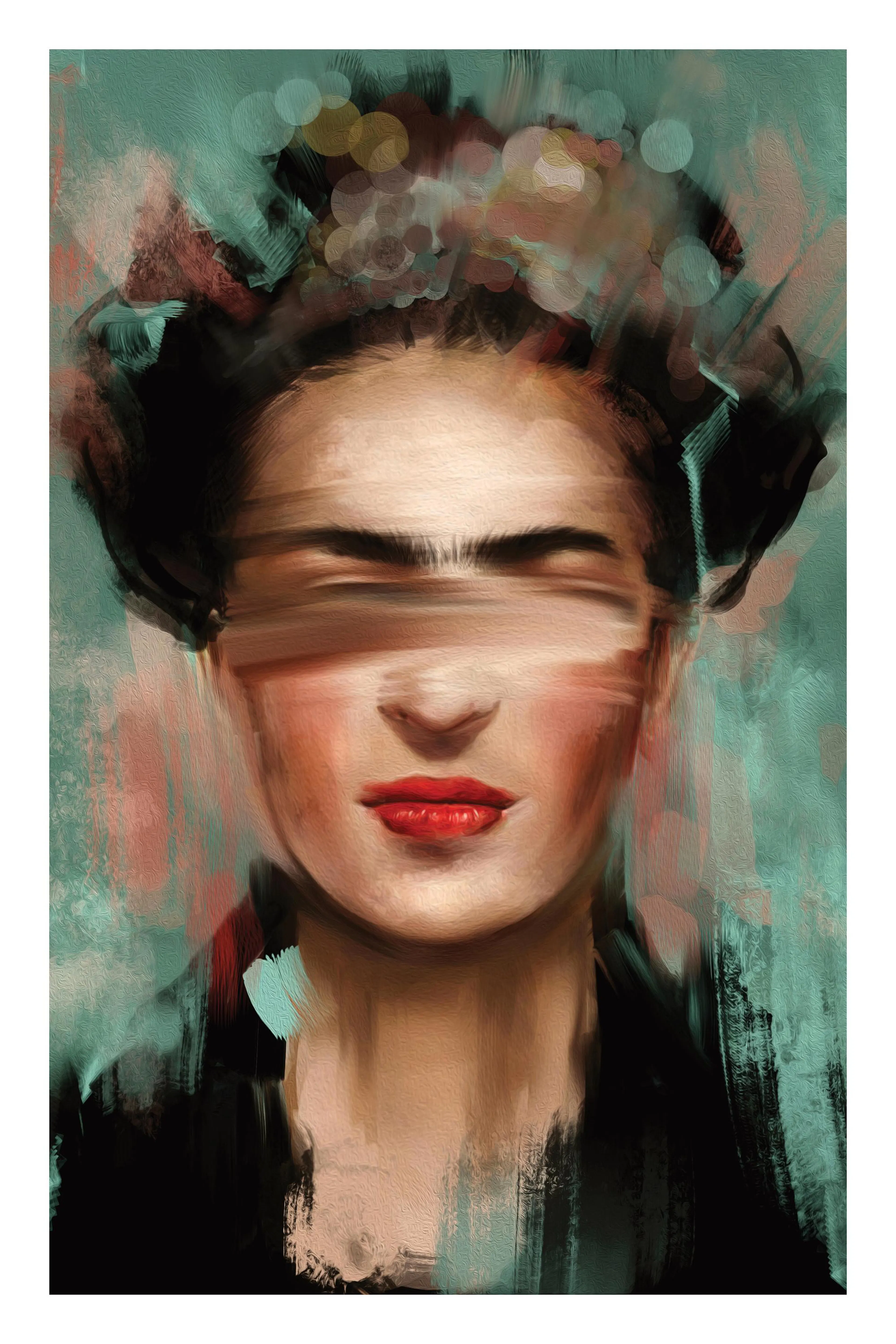 Abstract portret van Frida Kahlo met geblurde ogen en rode lippen tegen een groene en roze achtergrond.