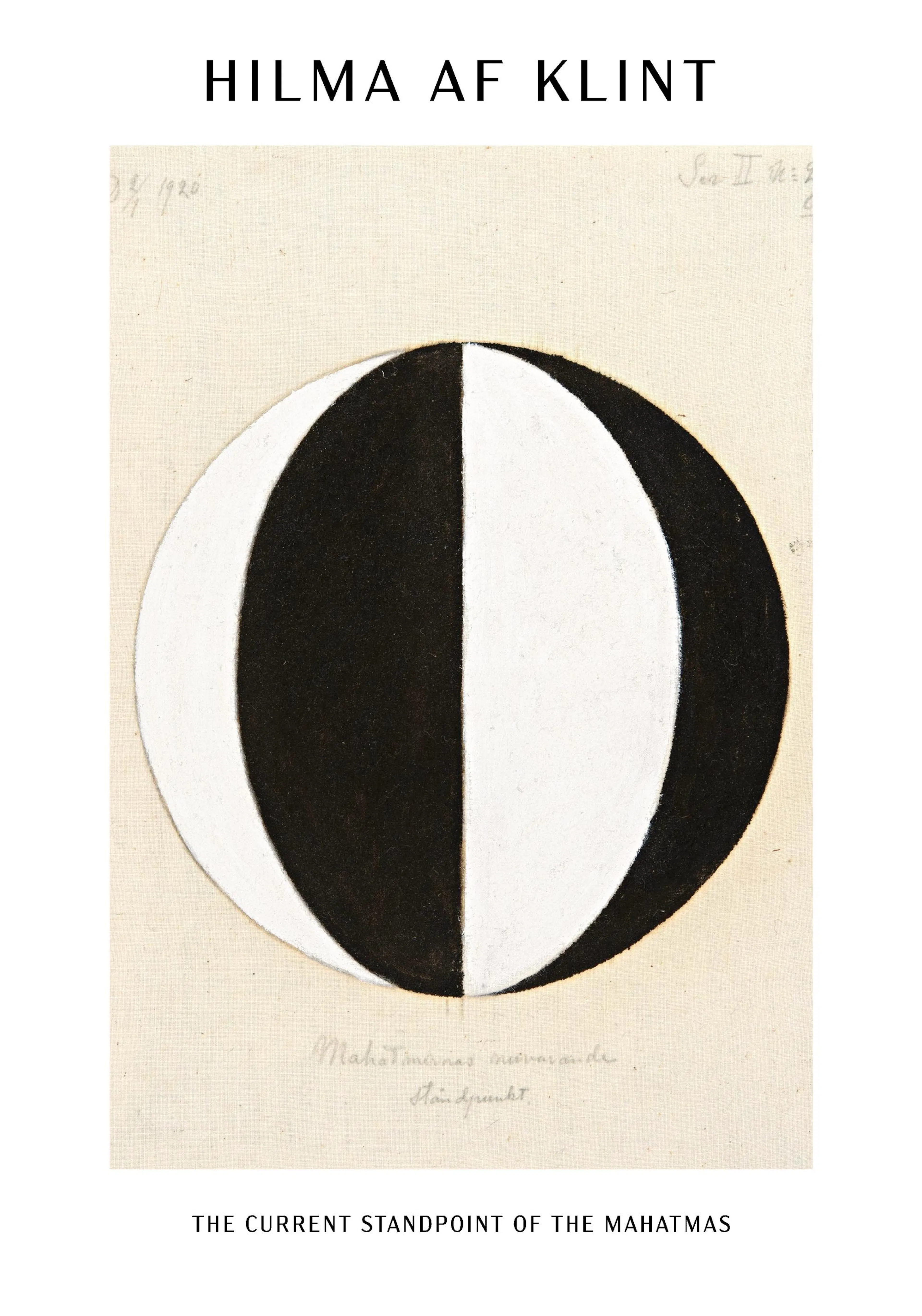 Poster van Hilma af Klint, een zwarte en witte halve cirkel op een beige achtergrond met tekst.