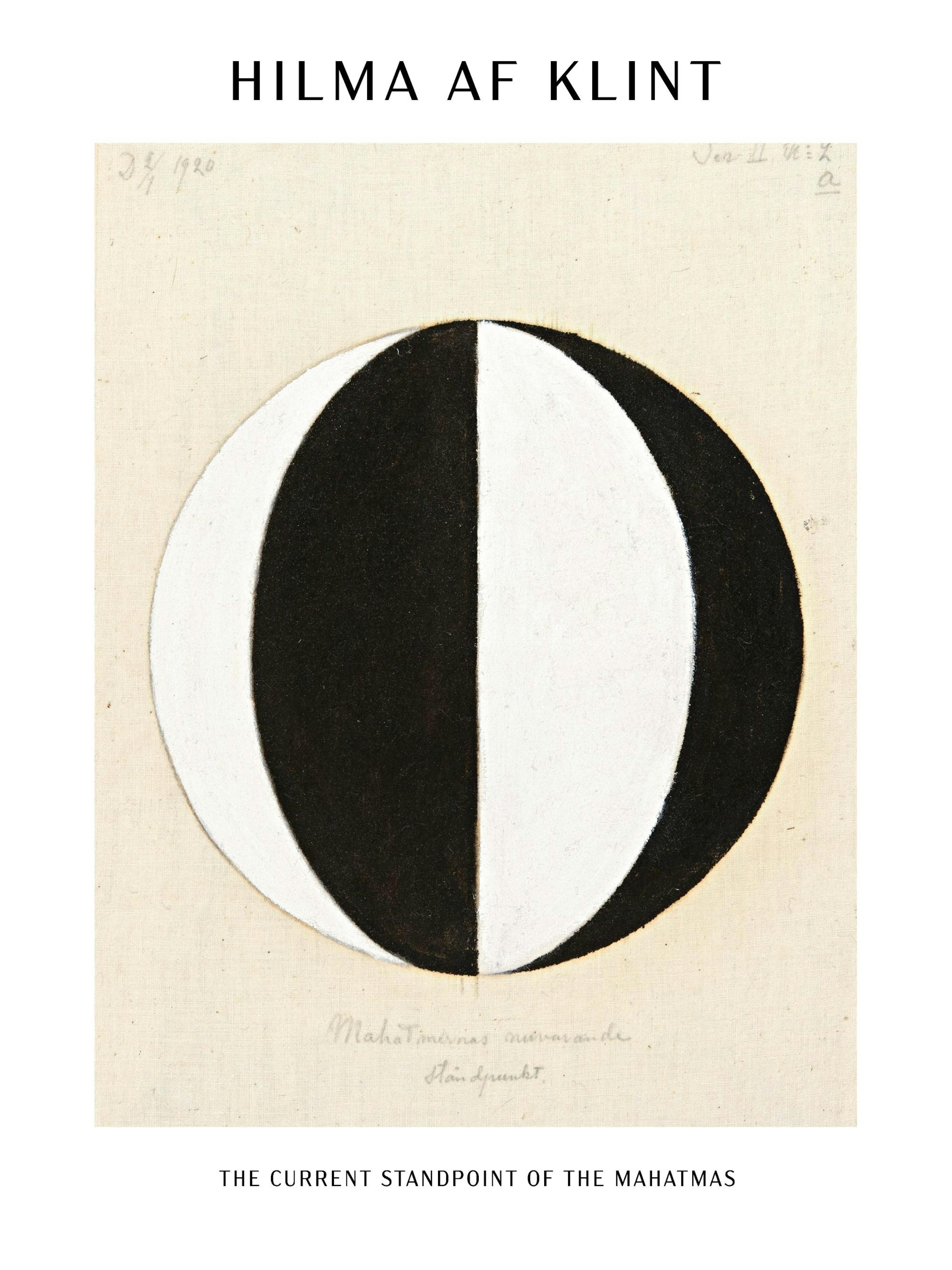 Hilma af Klintin klassinen maalaus mustavalkoisesta ympyrästä beigellä taustalla, tekstiyksityiskohdilla.