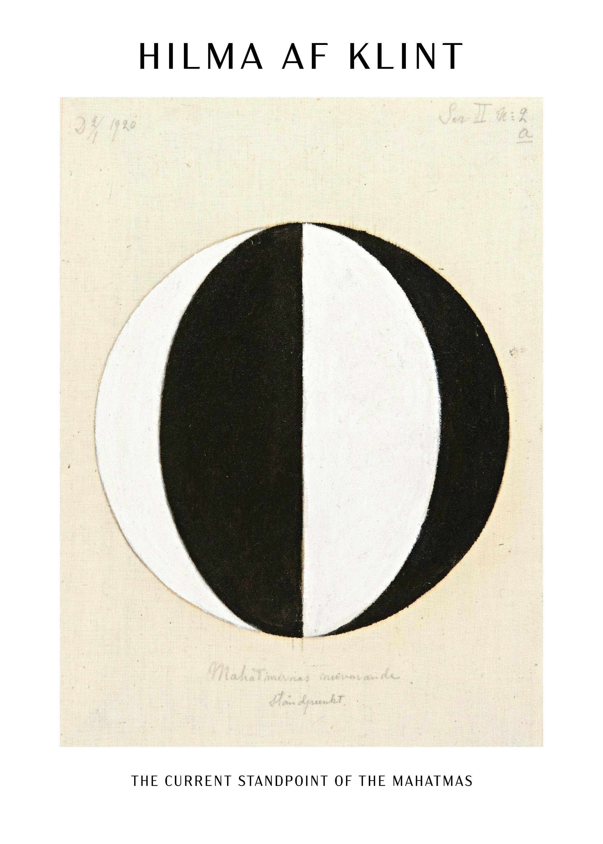 Affiche de Hilma af Klint avec un cercle noir et blanc sur fond beige, avec du texte en typographie classique.