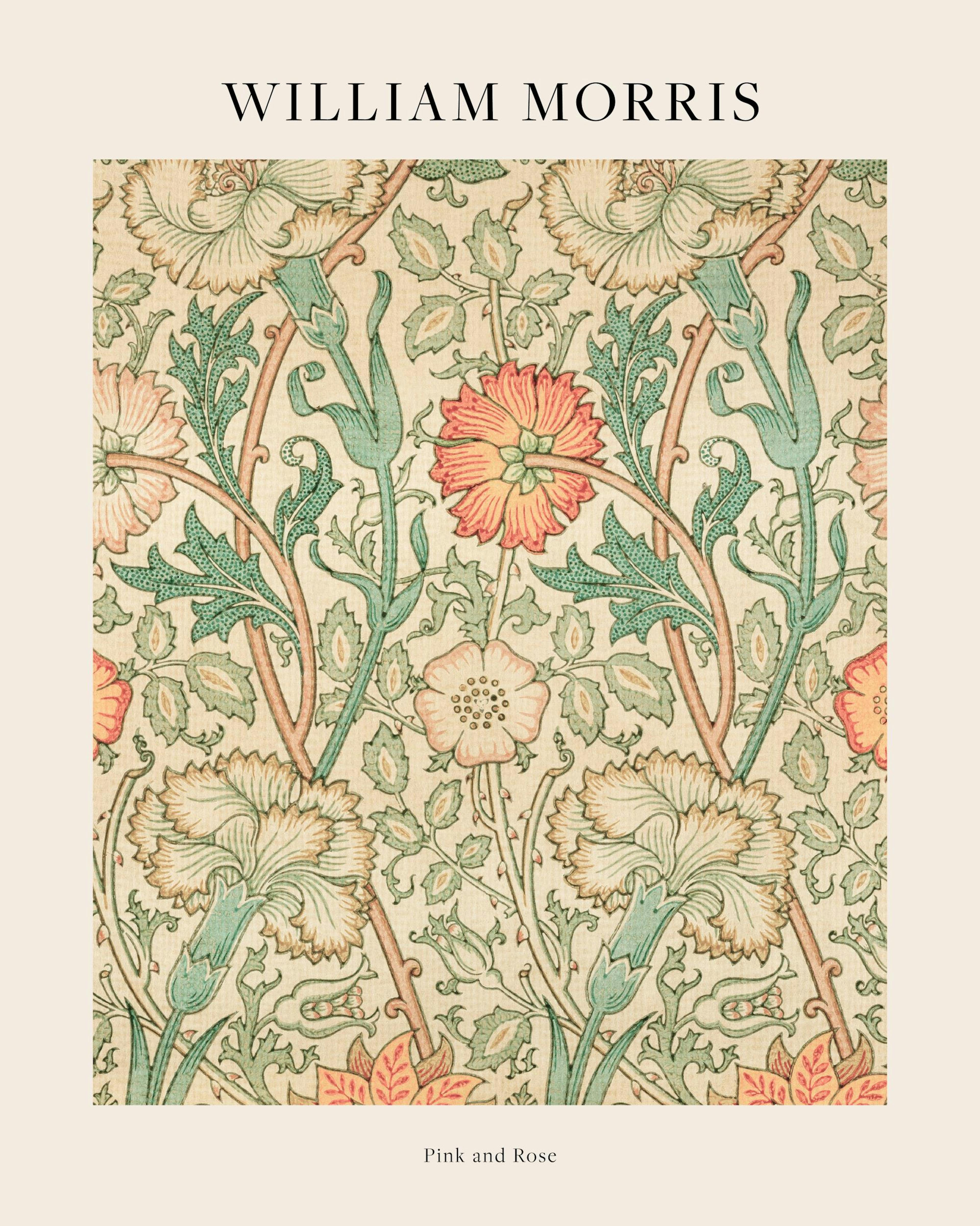 William Morris Pink and Rose vintage flower pattern print on a beige background poster