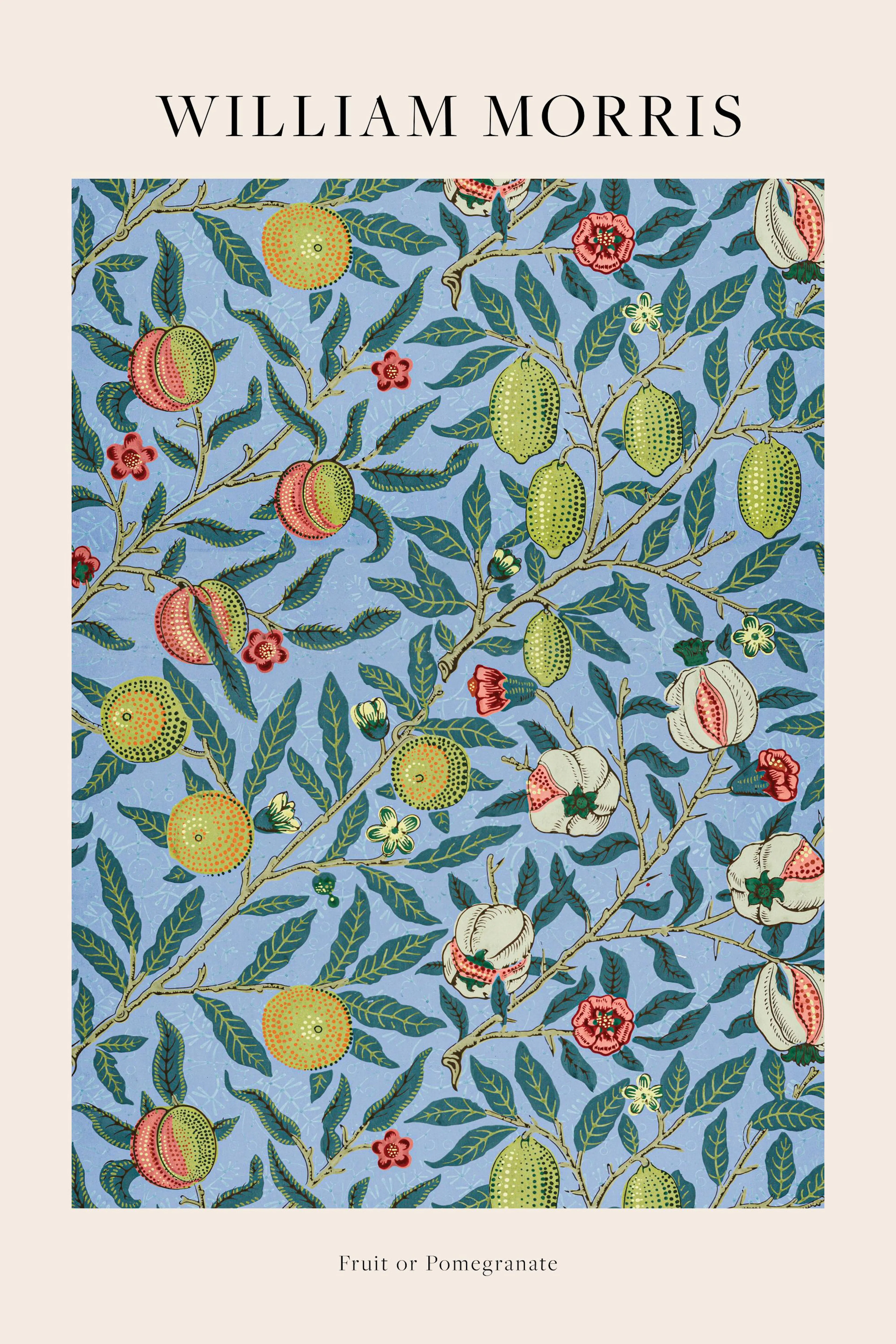 William Morris Fruit of Pomegranate poster, met vijgen en granaatappels op blauwe achtergrond.