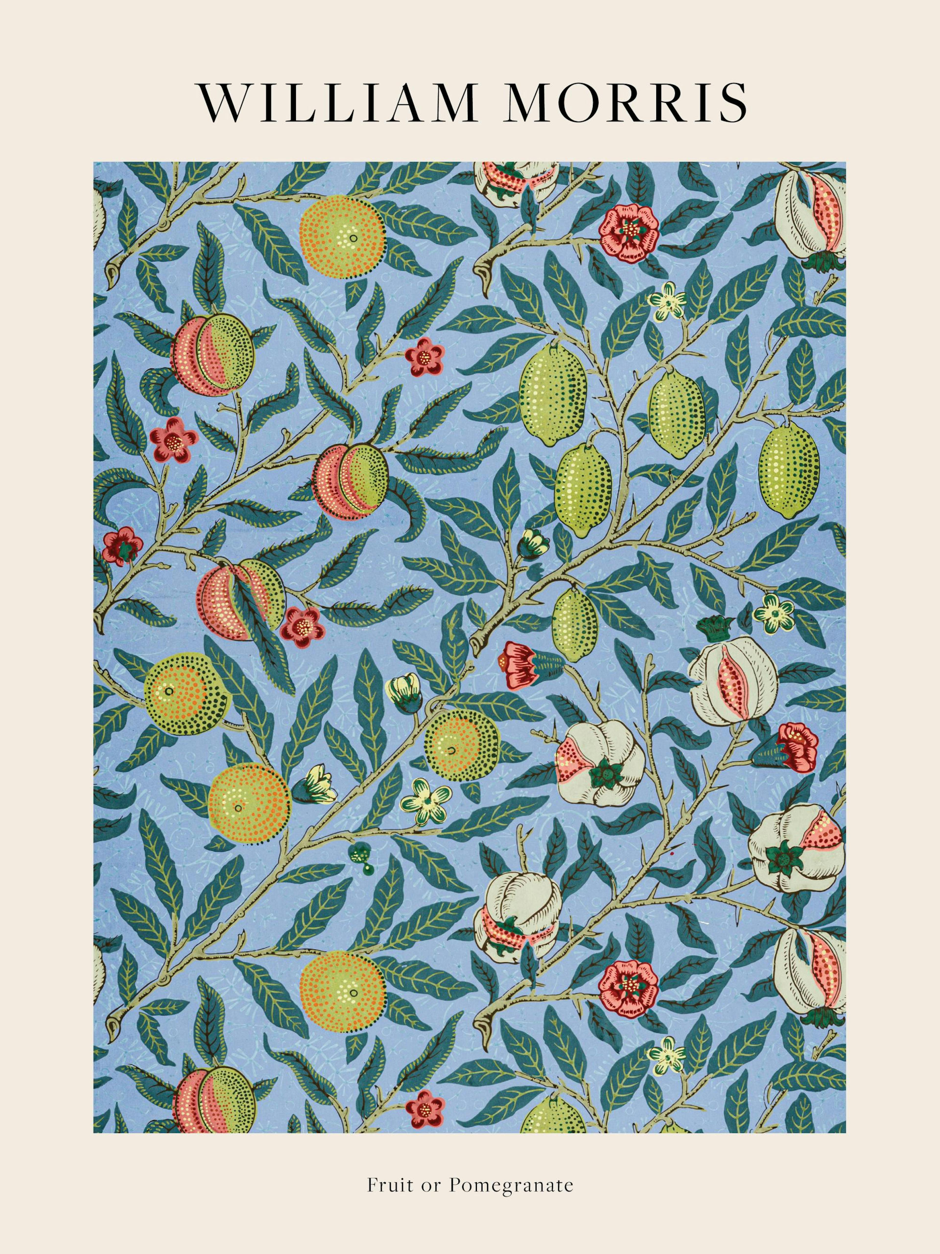 William Morris Fruit or Pomegranate print, a blue poster with fruit and floral pattern on a light background.