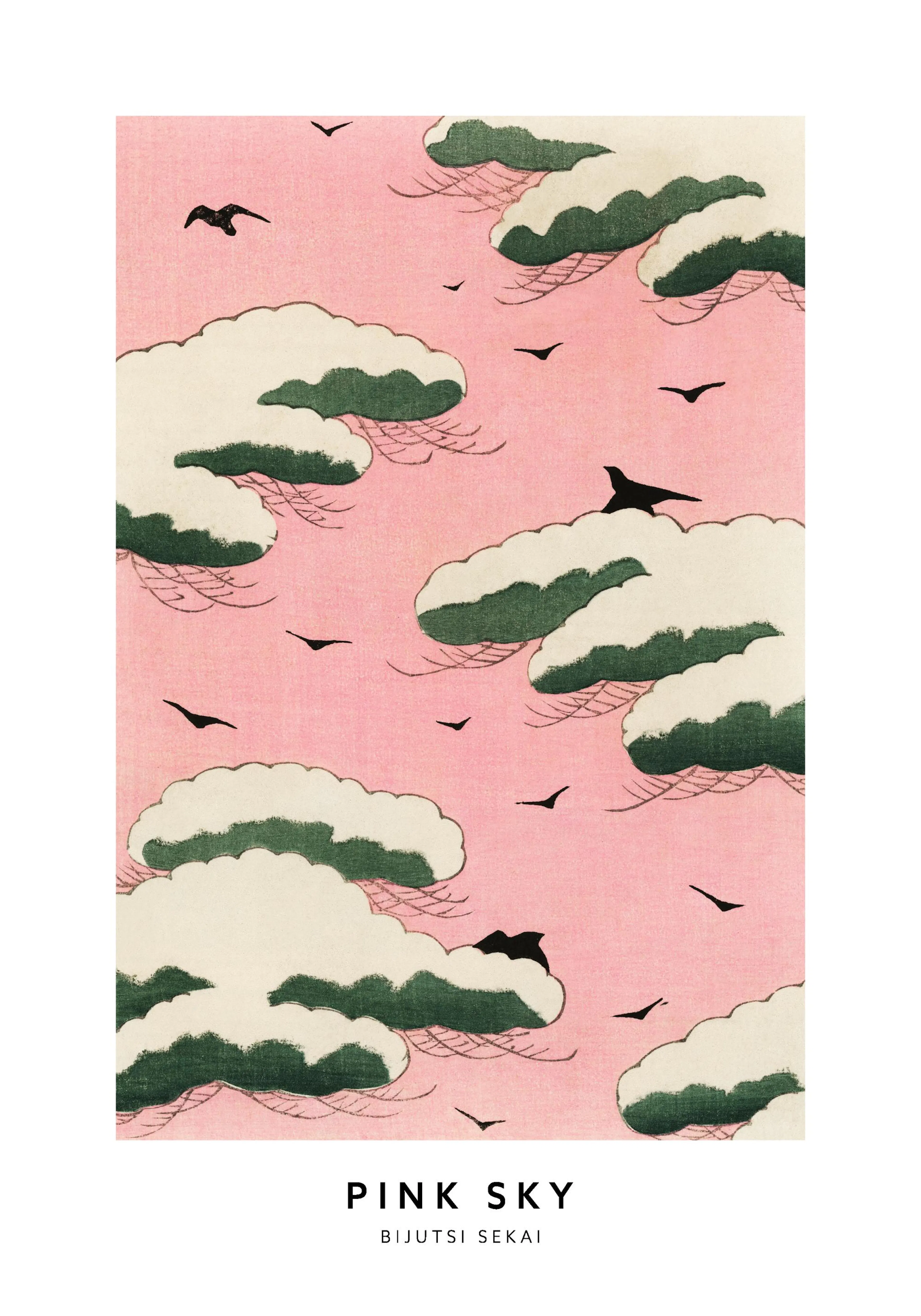 Illustration von Watanabe Seitei: grüne und weiße Wolken, schwarze Vögel vor einem rosa Himmel. Klassische Kunst, japanischer St