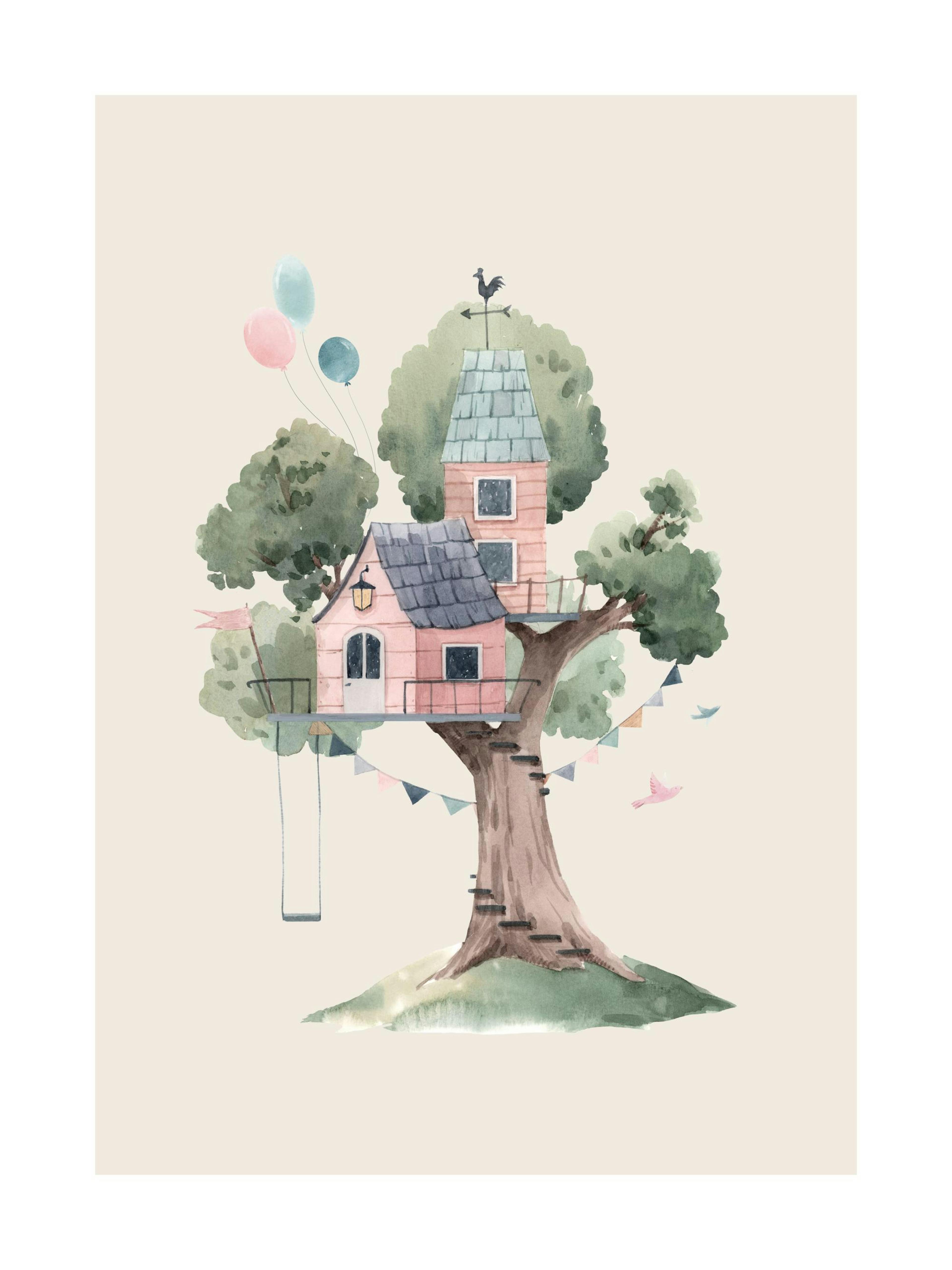 Affiche dune maison rose dans un arbre vert avec des ballons et une balançoire sur fond beige clair, style typographie enfantine
