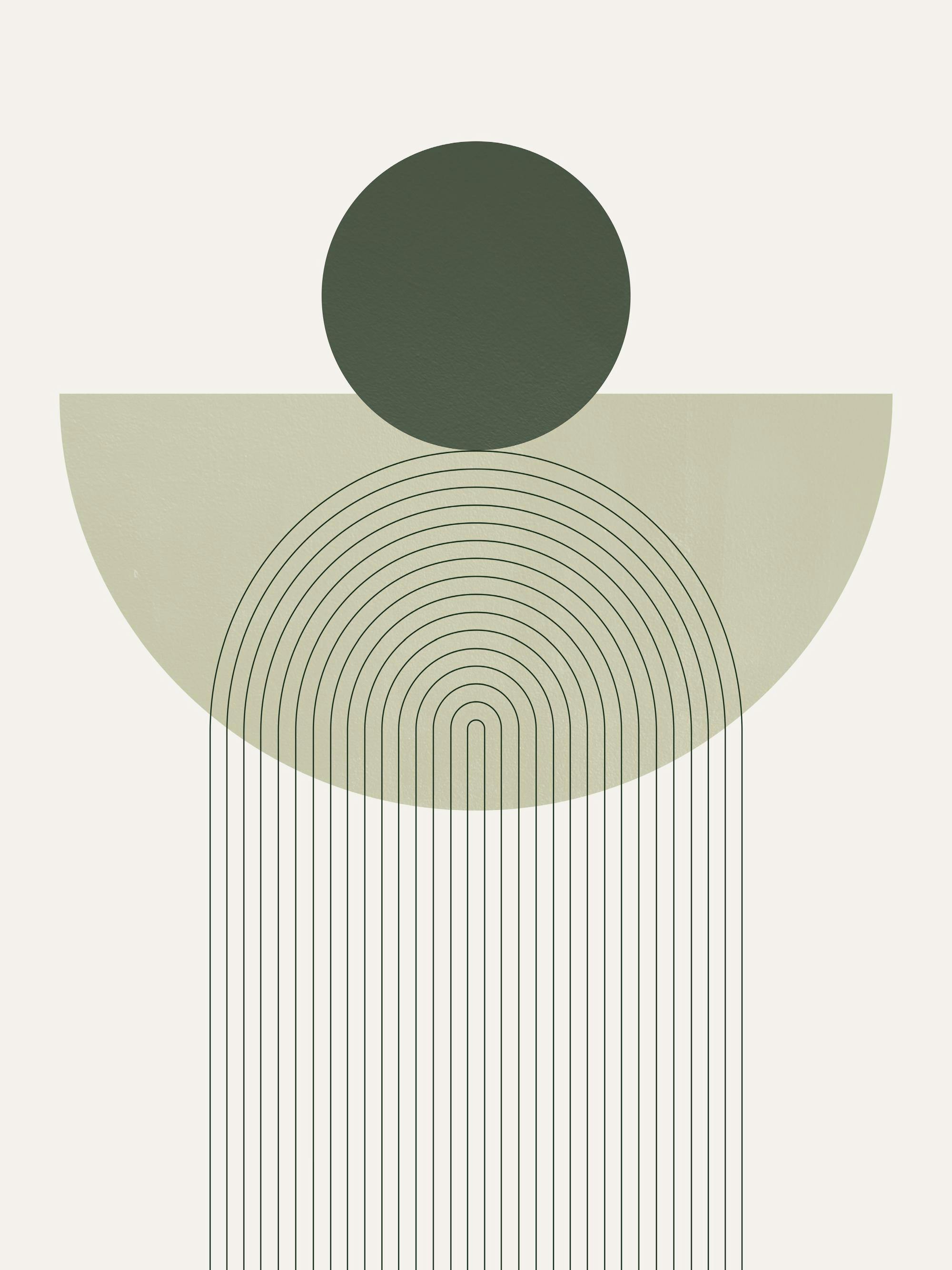 Grafisk illustration med gröna geometriska former och ett valv av linjer mot en ljus bakgrund. Perfekt för minimalistisk inredni