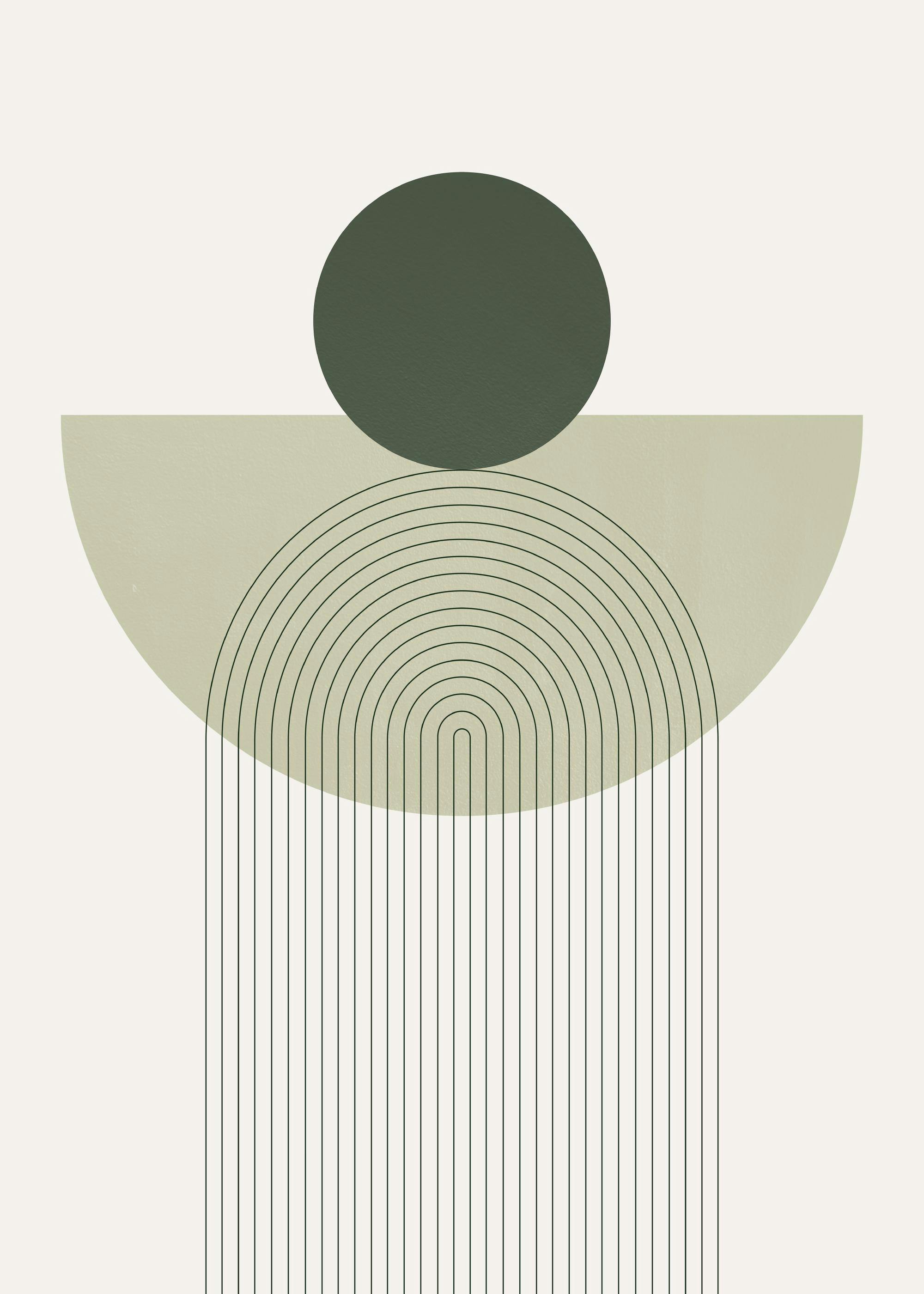 Green geometric shapes poster with a dark green circle over a light green arch and thin vertical lines.