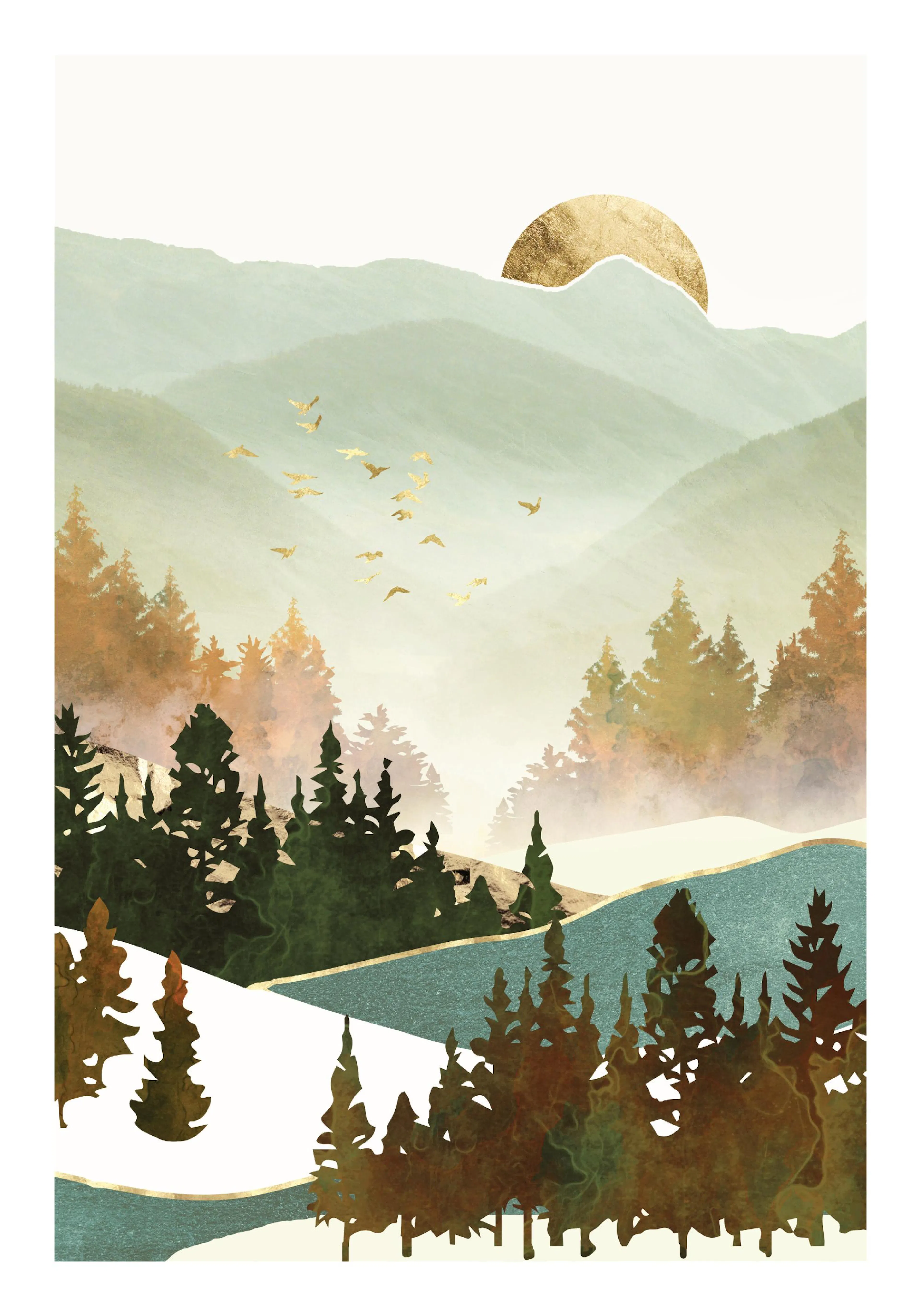 Grafische Landschaft mit grünen und goldenen Bäumen, goldenen Vögeln und goldener Sonne.