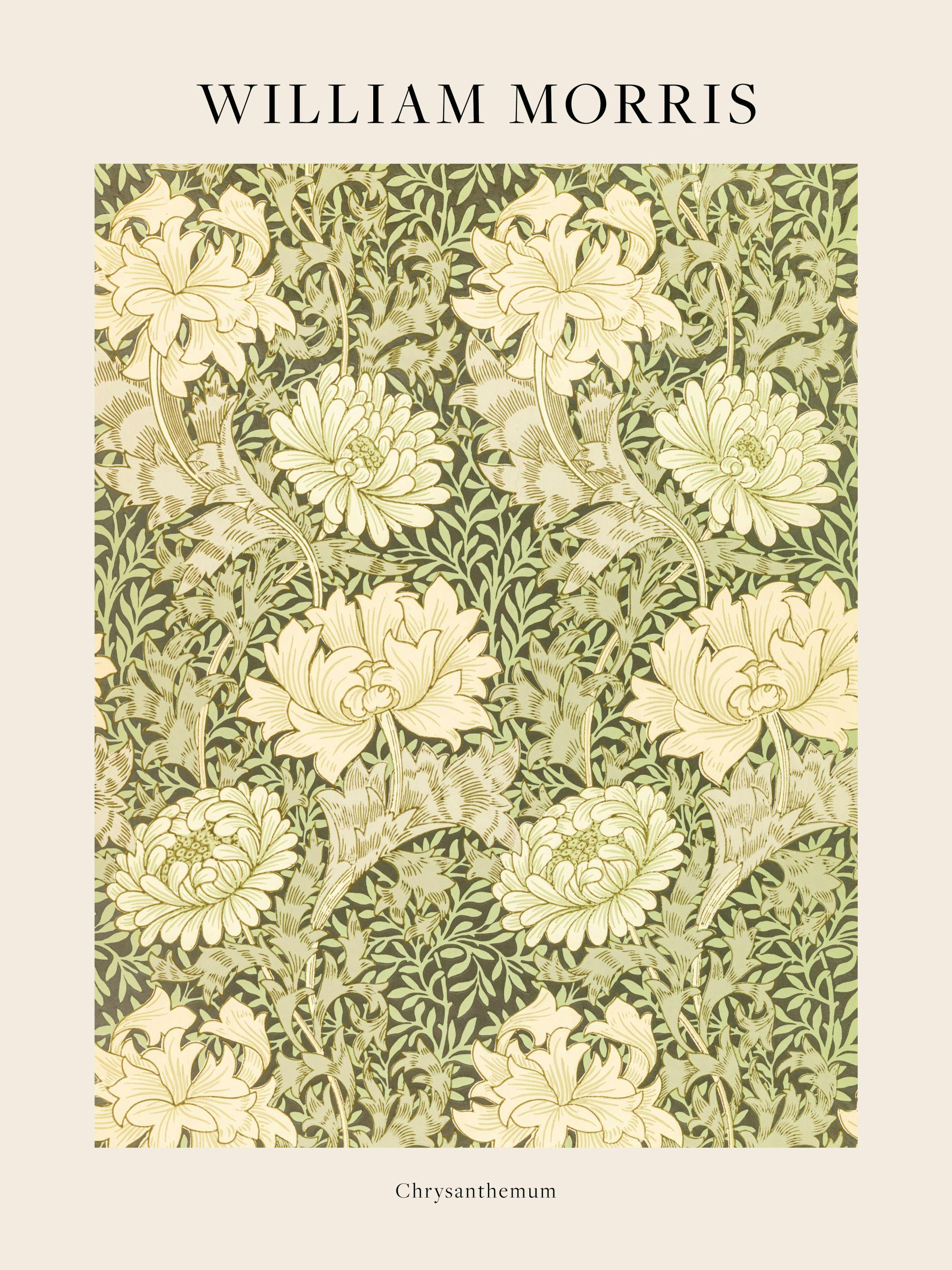 William Morris Chrysanthemum poster met bloemenpatroon in lichtgroen, geel en donkergroen