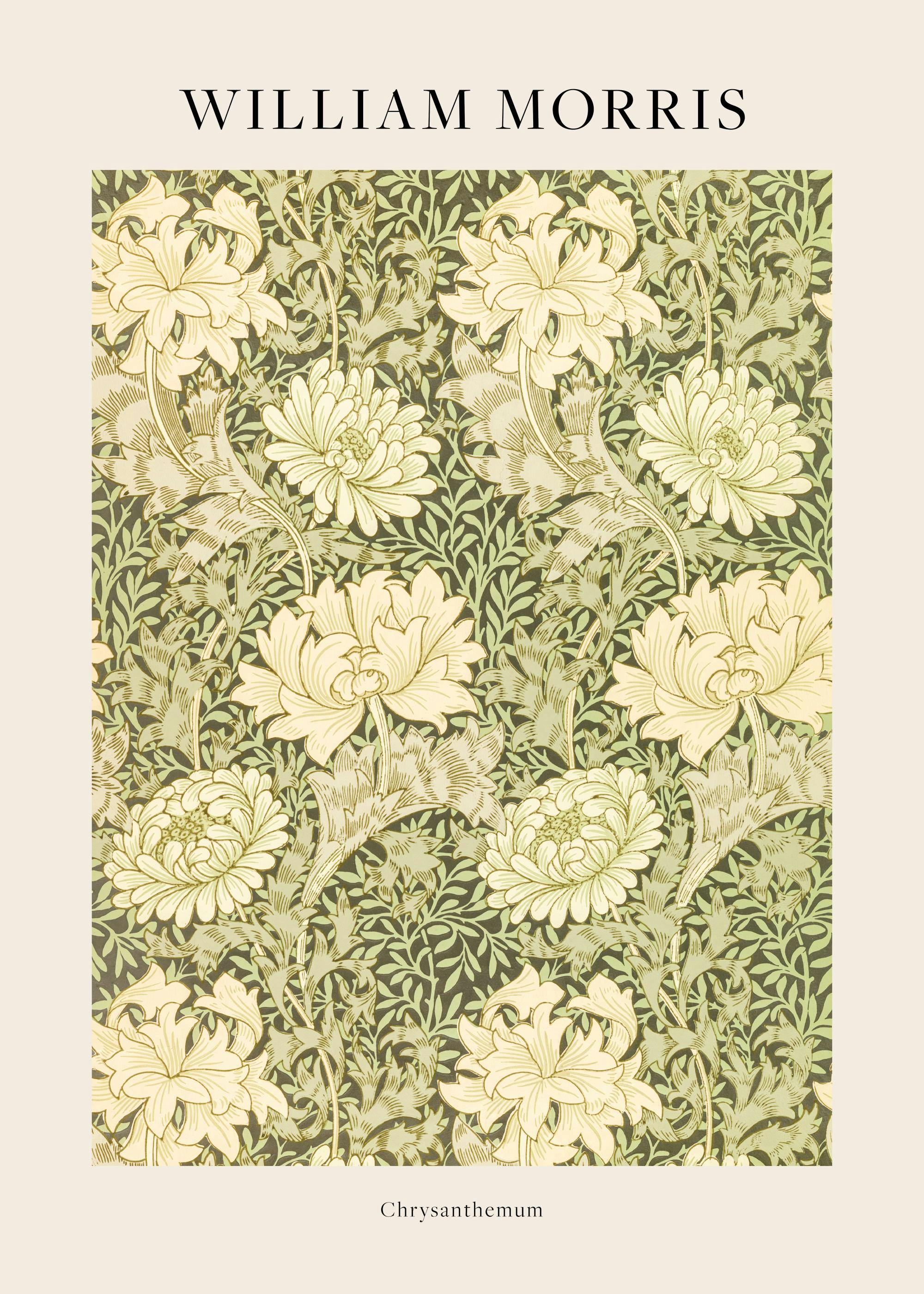 Affiche William Morris Chrysanthemum, motif floral vert et beige avec texte et typographie