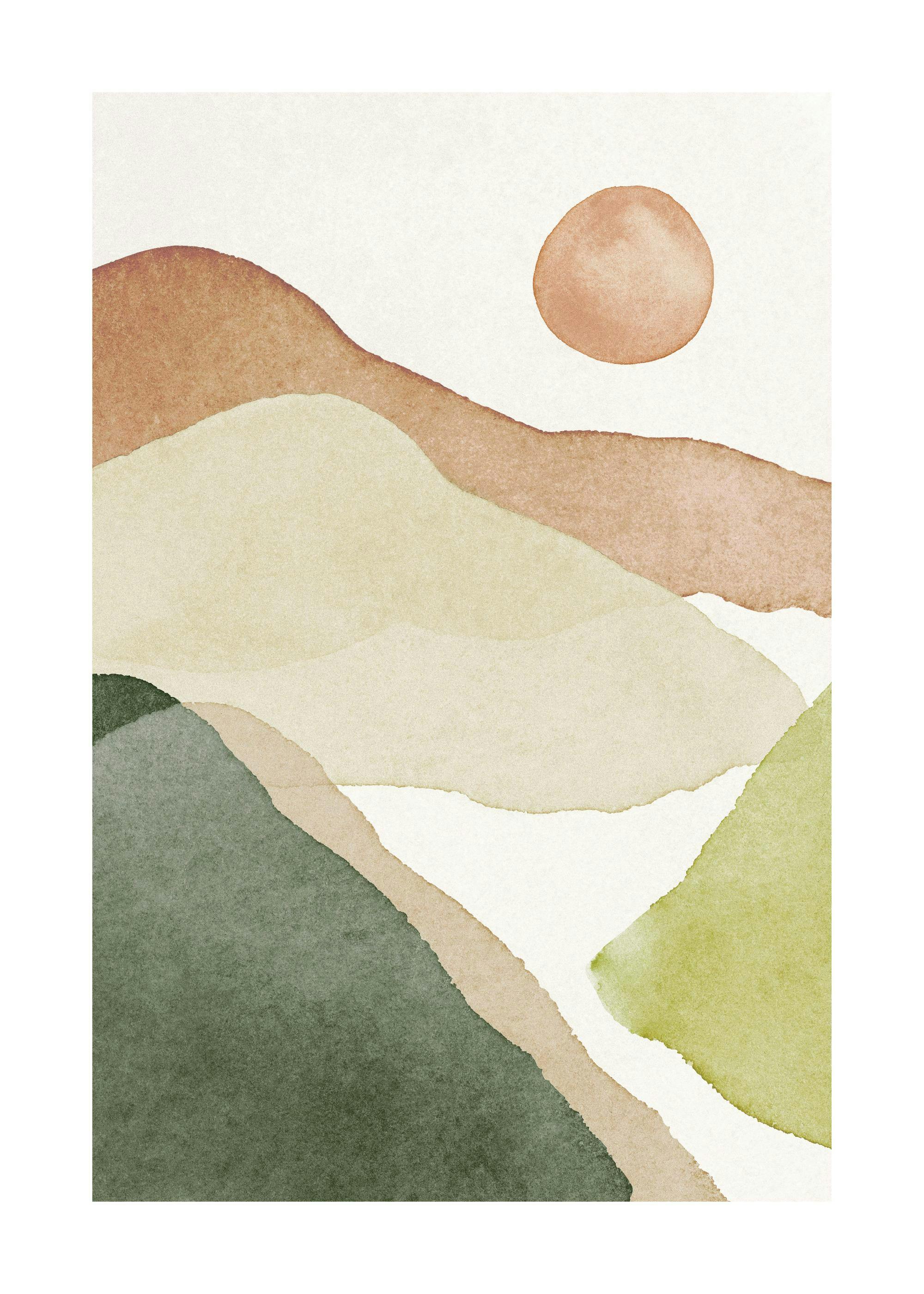 Akvarell illustration av ett bergslandskap i grönt och beige mot en ljus bakgrund, med en brun sol upptill.