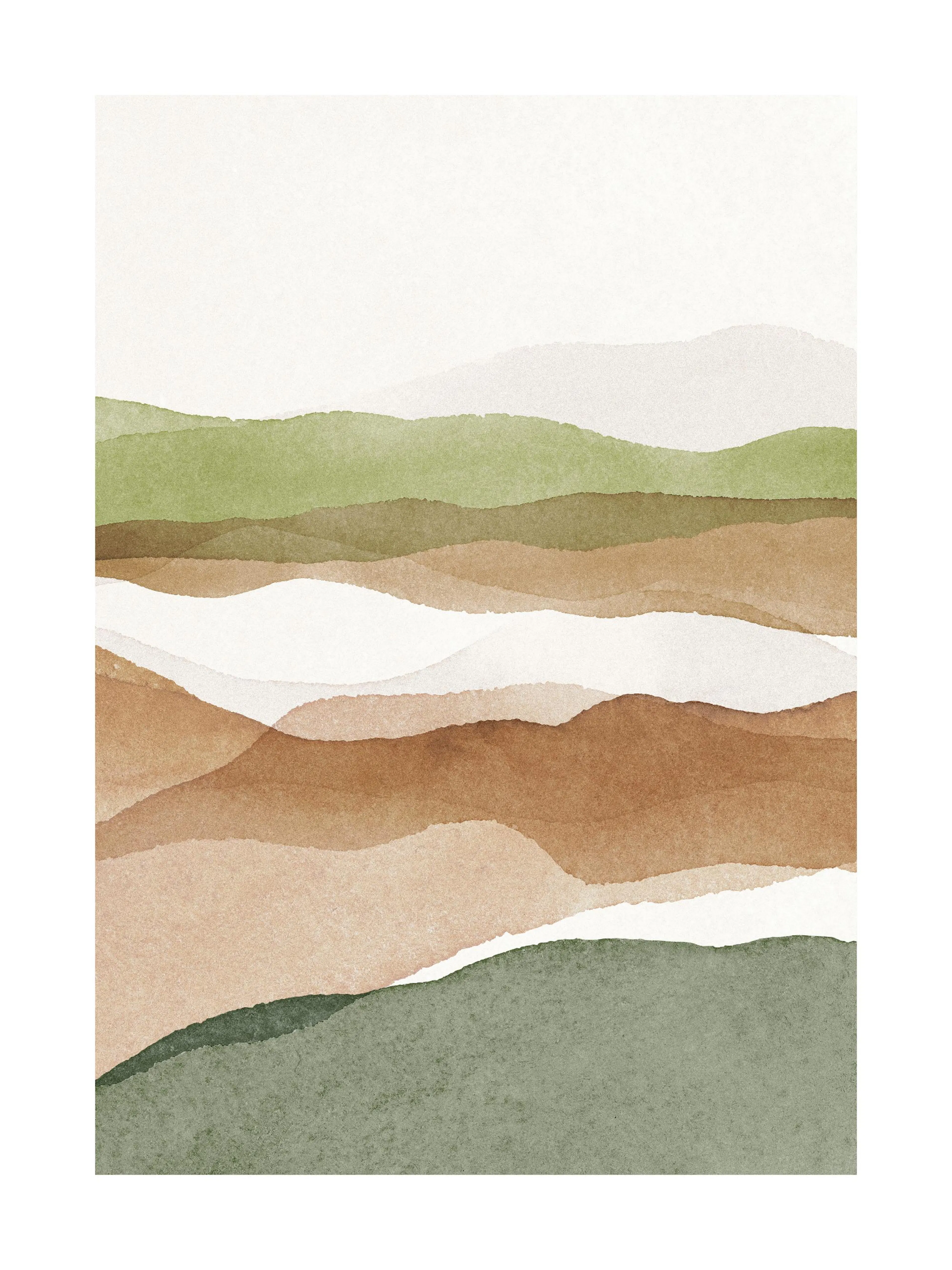Aquarell-Poster mit abstrakter Berglandschaft in Grün- und Beigetönen, sanft geschwungenen Linien und warmen Erdfarben.
