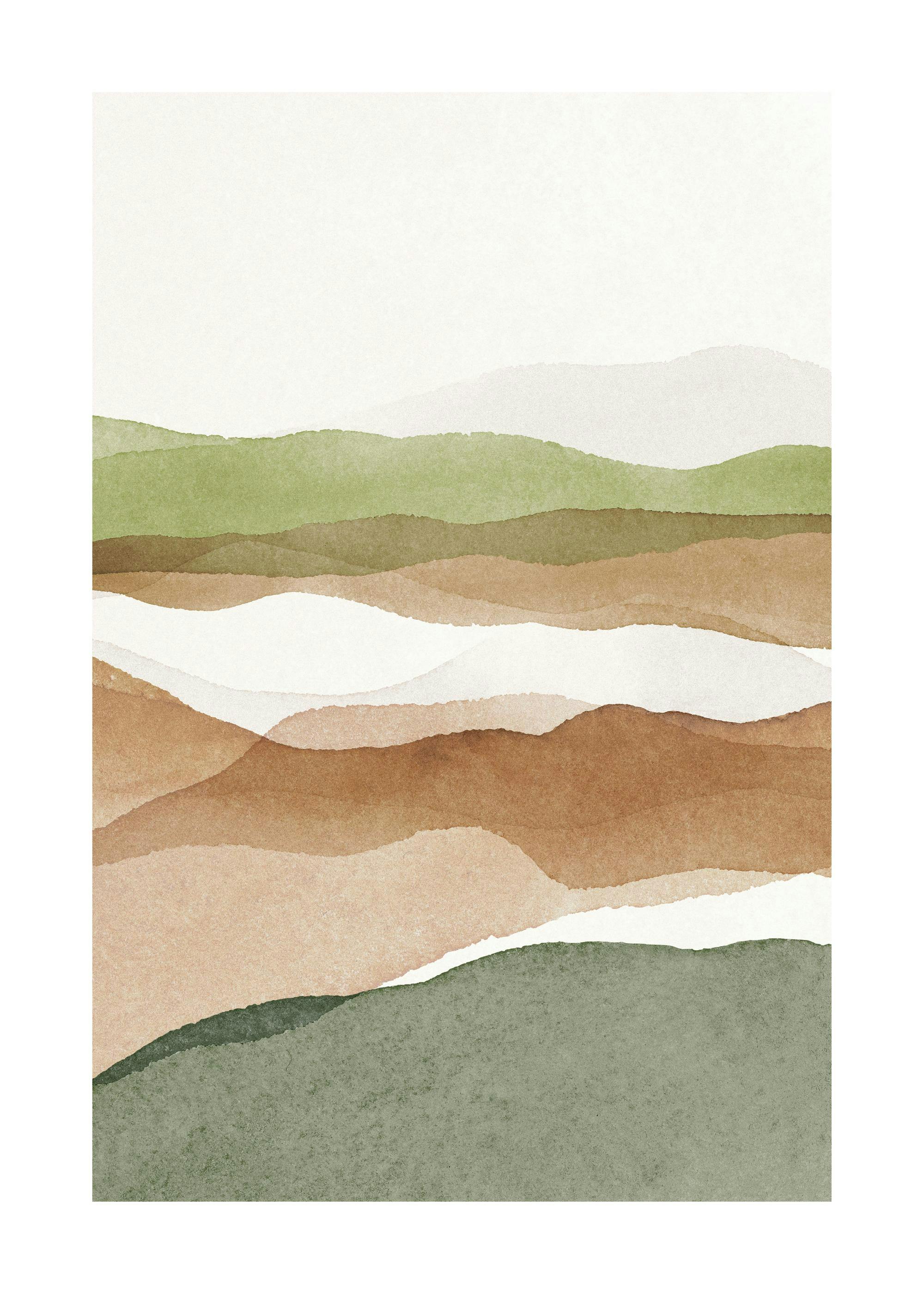 Póster abstracto de paisaje en acuarela con tonos verdes y beis, creando capas orgánicas que evocan colinas sutiles.