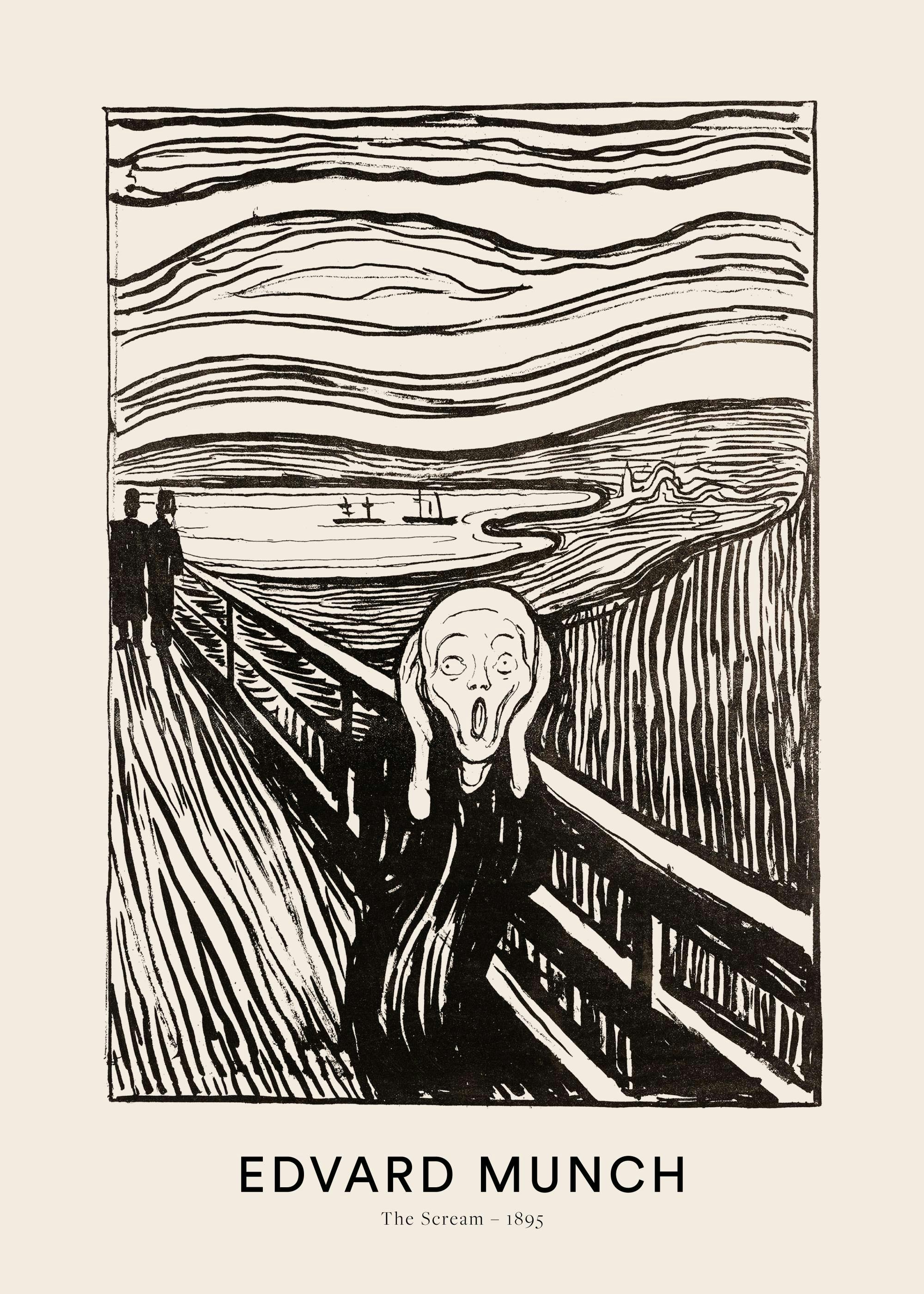 Edvard Munchs Skrik, svart-hvitt illustrasjon av en skrikende figur på en bro mot et landskap, beige bakgrunn.