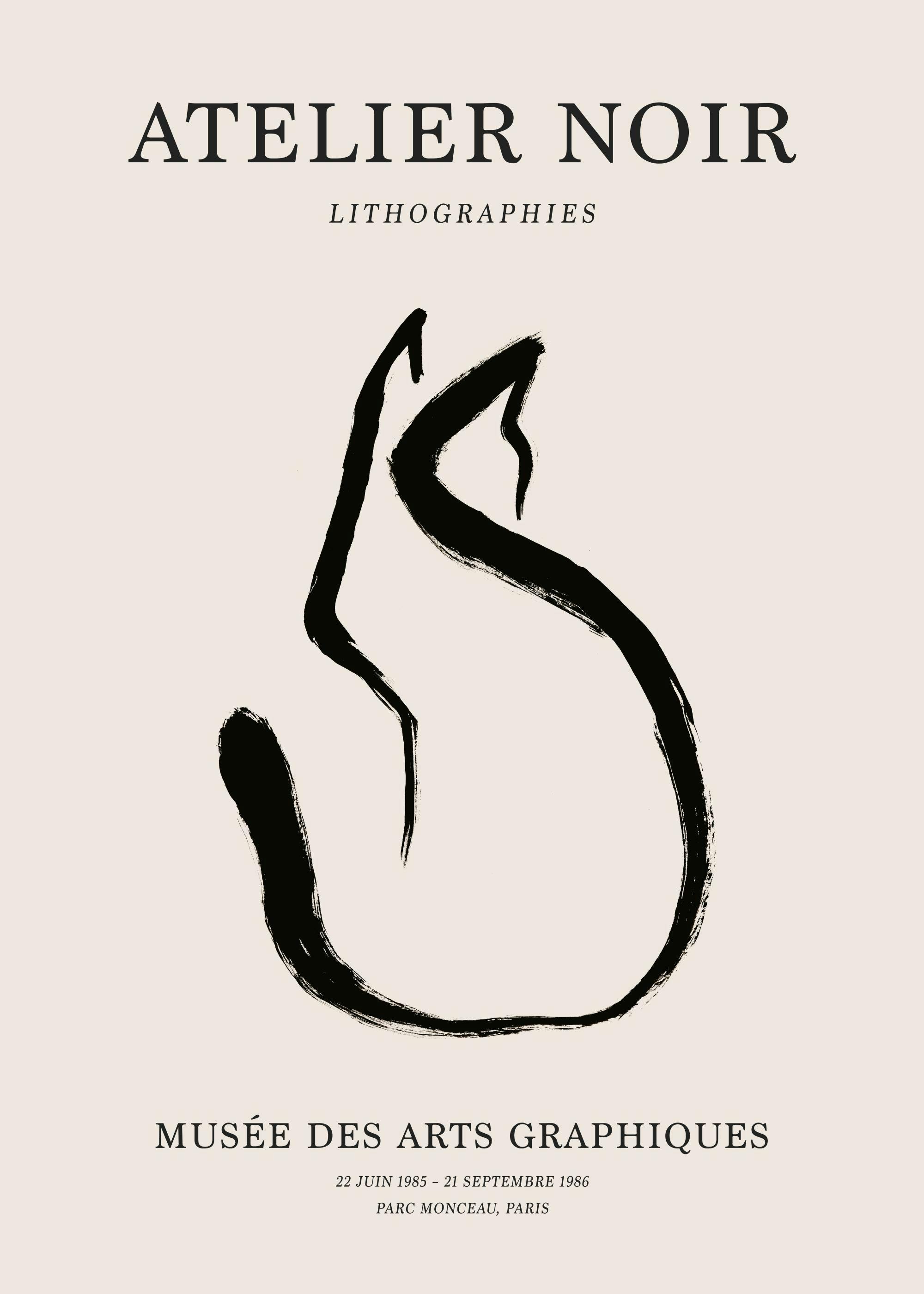 Black abstract cat line art illustration with text on light beige background for modern home decor.