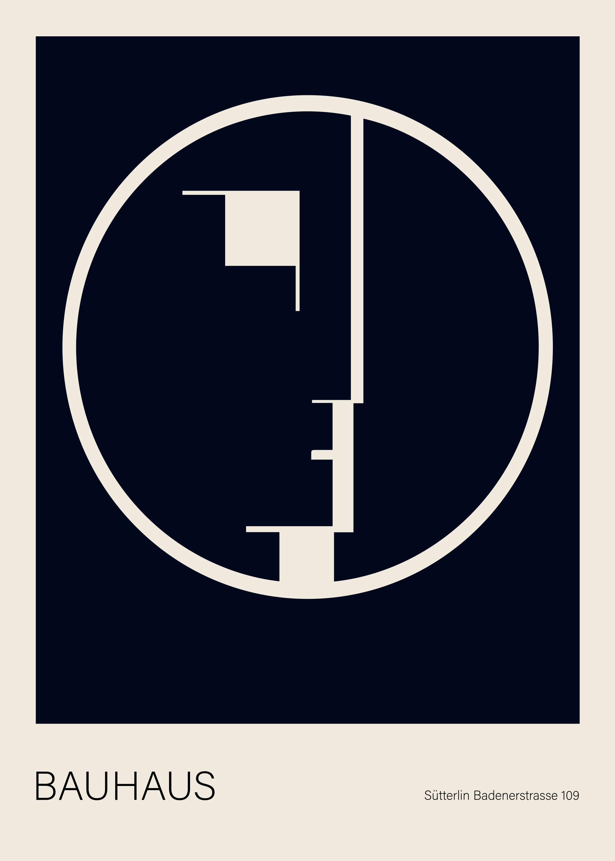 Bauhaus Poster: Abstrakte Figur in Schwarz-Beige mit Kreis und geometrischen Formen, Text Bauhaus Sütterlin Badenerstrasse 109.