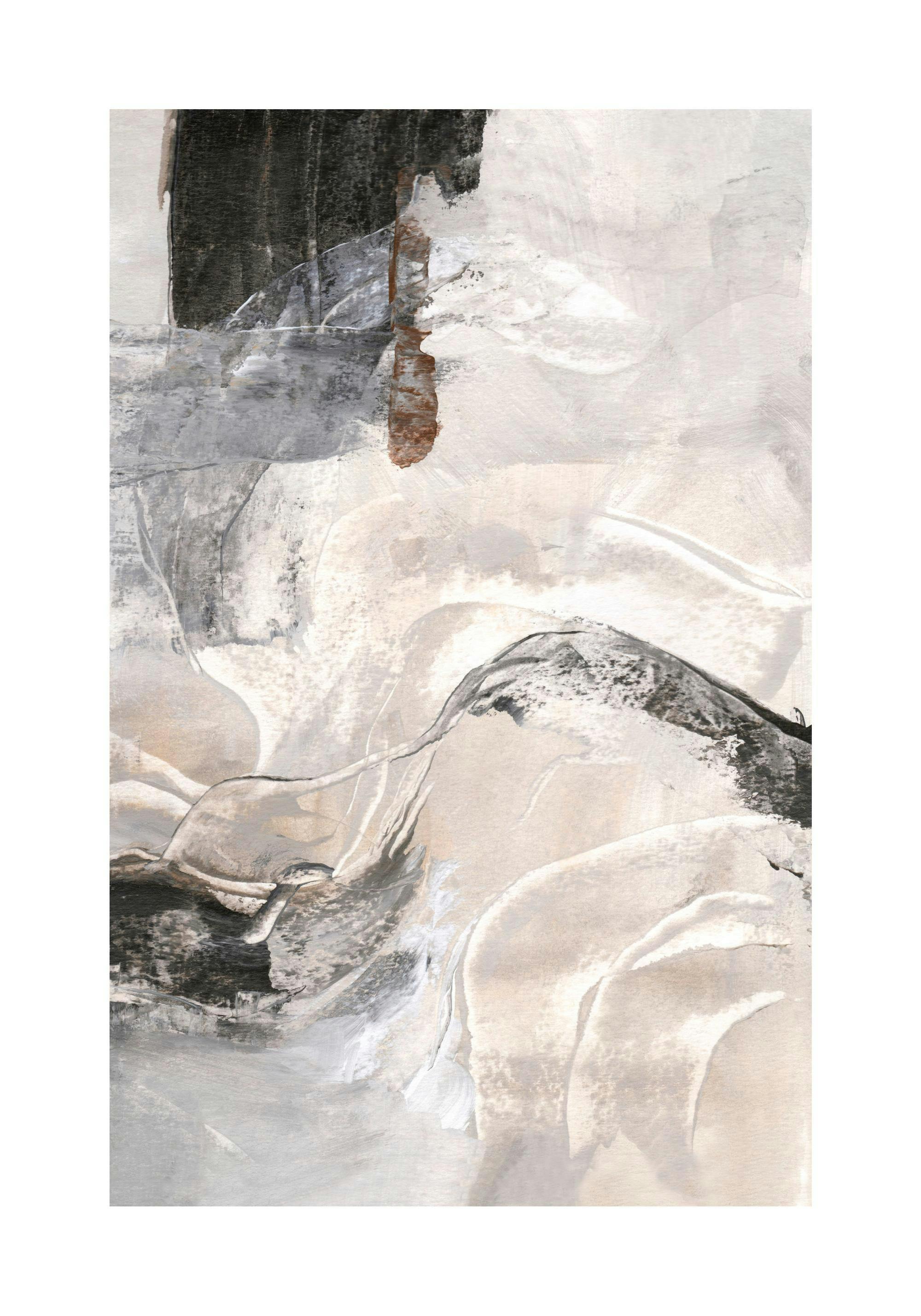 Abstrakt målning med virvlande mönster i grått, beige, svart och brunt. Skapar en harmonisk känsla.