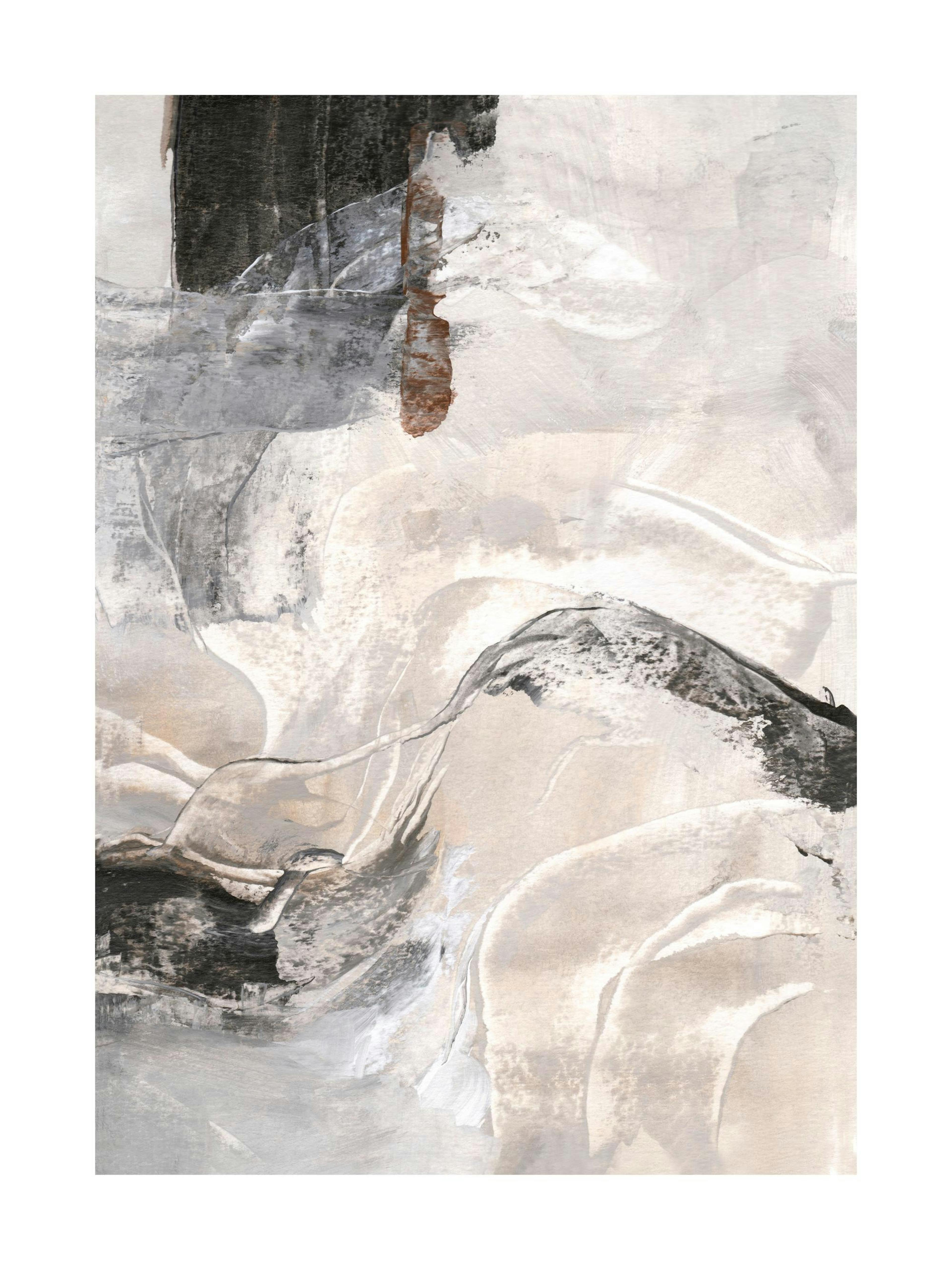 Abstrakt plakat med virvlende mønster i grått, beige, svart og brunt, med en varm og harmonisk følelse.