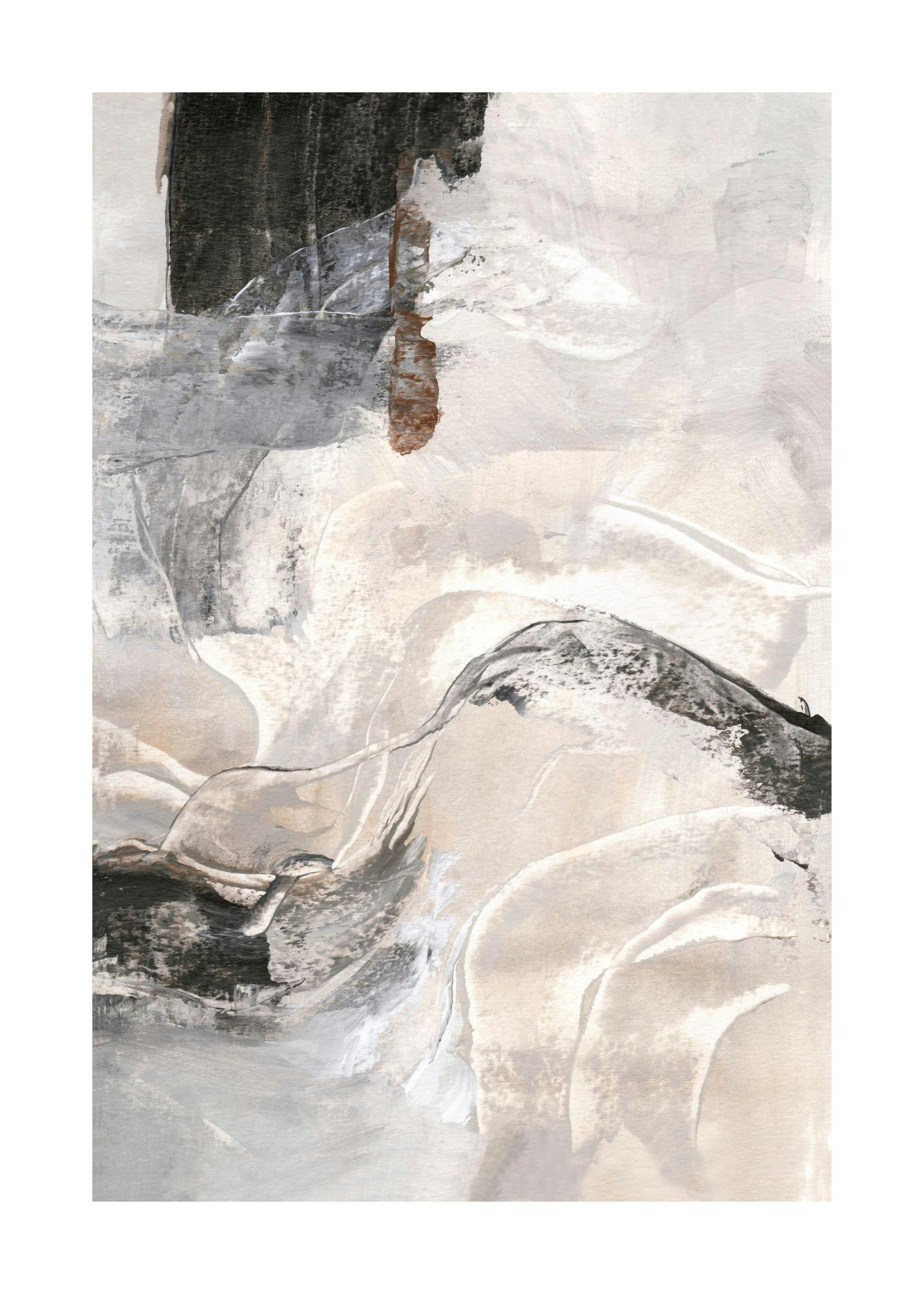Affiche abstraite aux tons gris, beige, noir et marron, avec un motif de couleur tourbillonnant