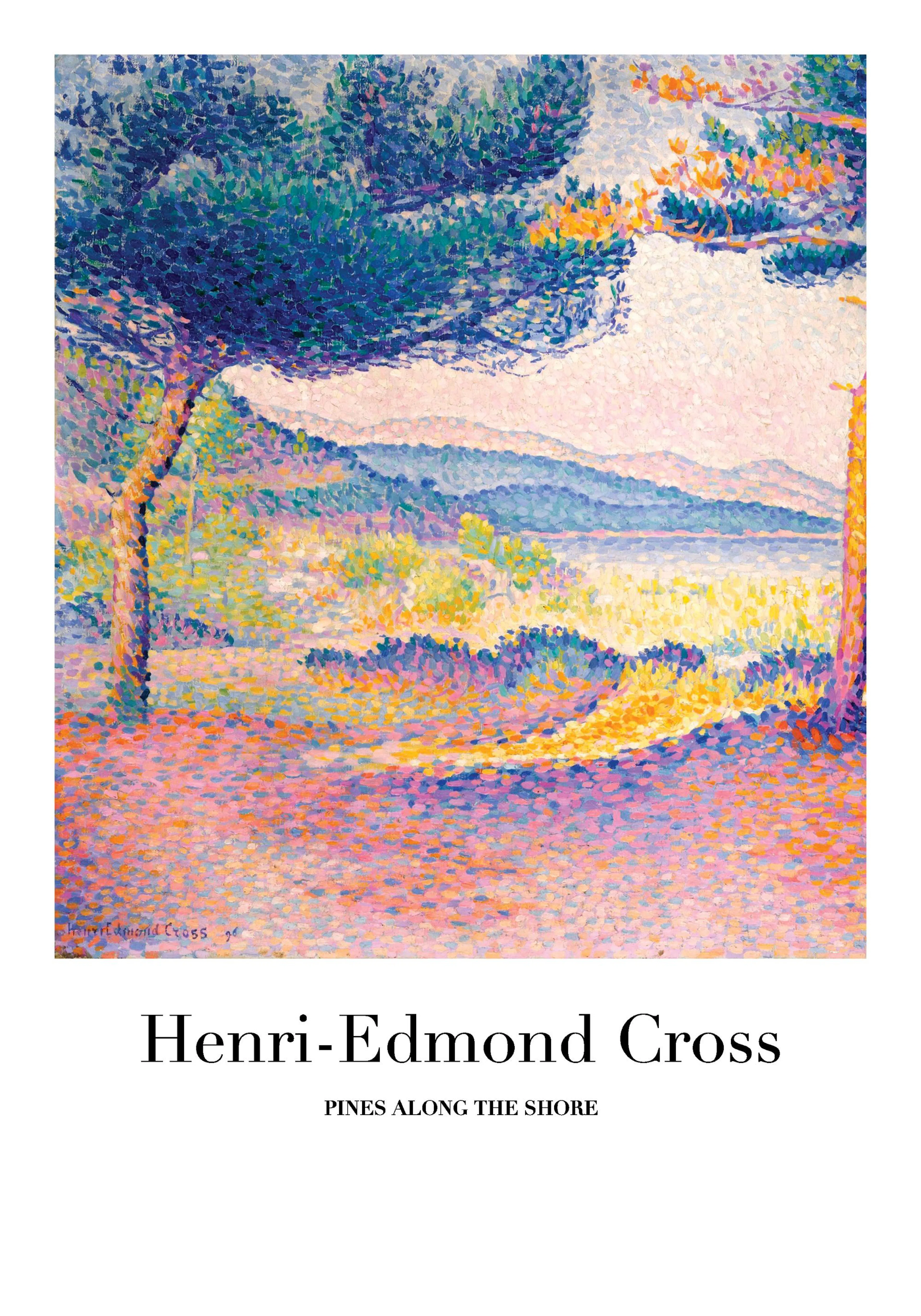 Pointillistisk målning av tallar vid stranden, med en färgstark landskapsvy av Henri-Edmond Cross.