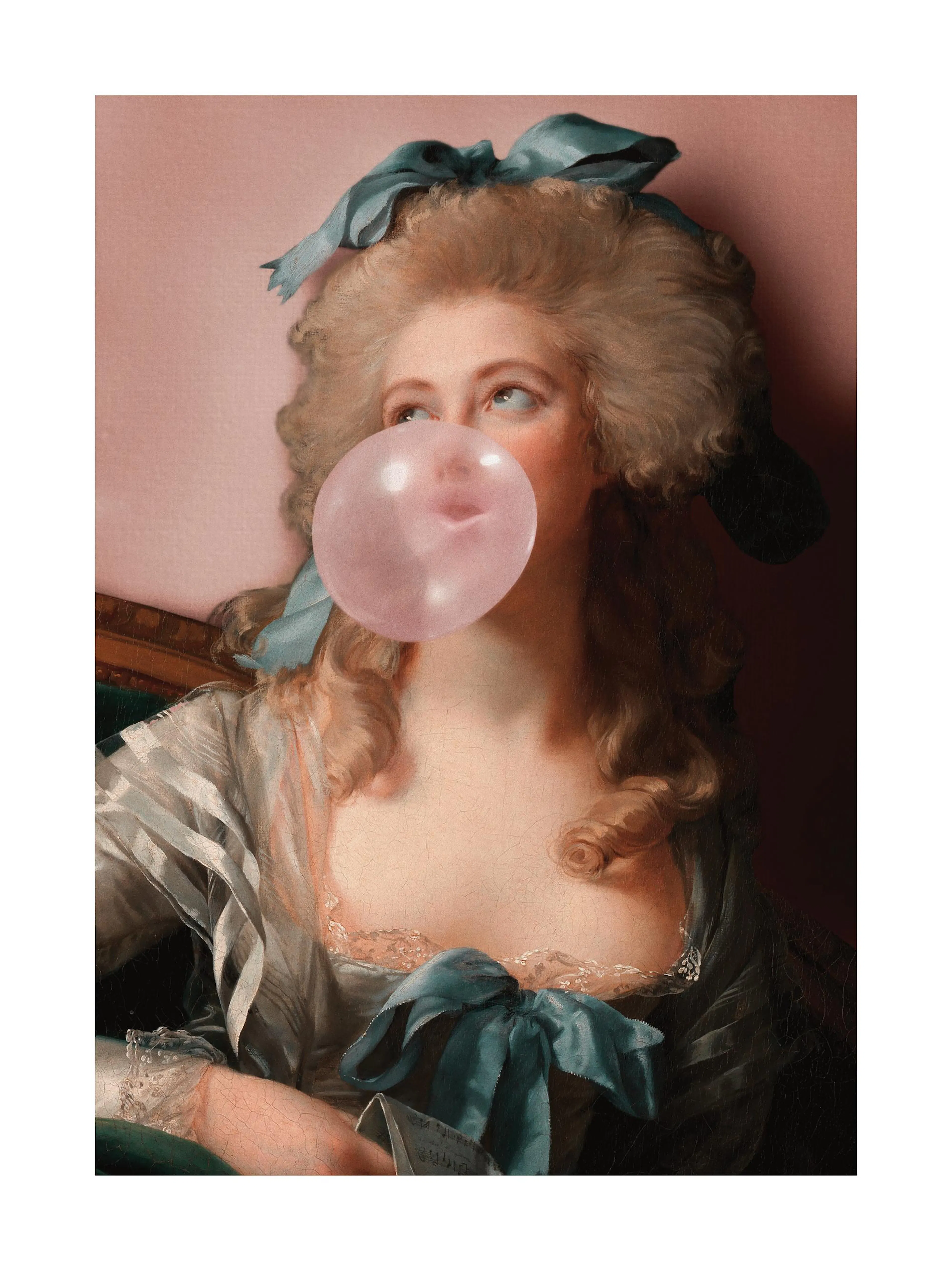 Retrato de mujer con cabello rubio, vestido azul, lazo azul y chicle rosa, estilo Jonas Loose