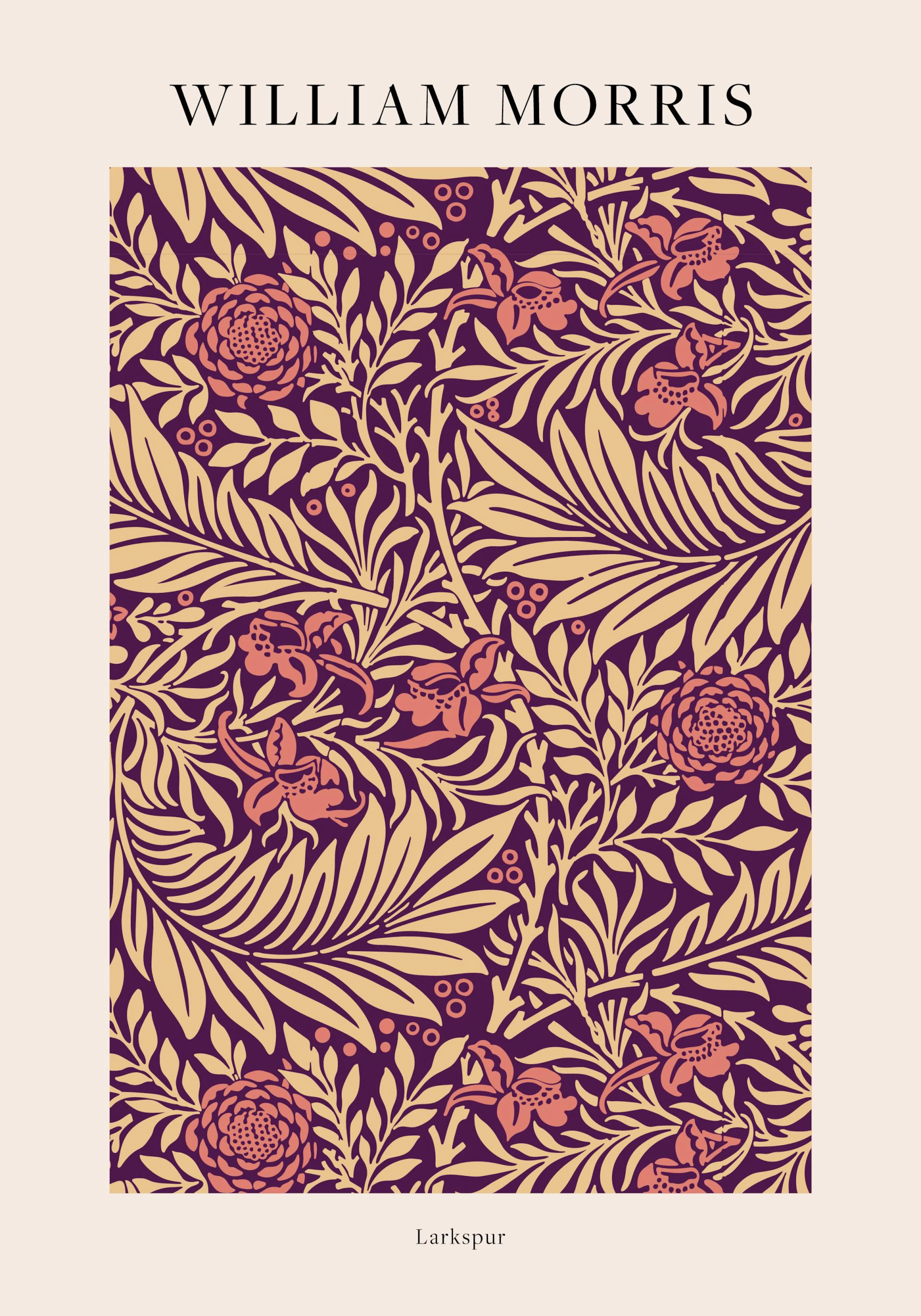 Illustrazione floreale di William Morris, Larkspur No2. Fiori rosa, foglie beige intricate su sfondo viola scuro.