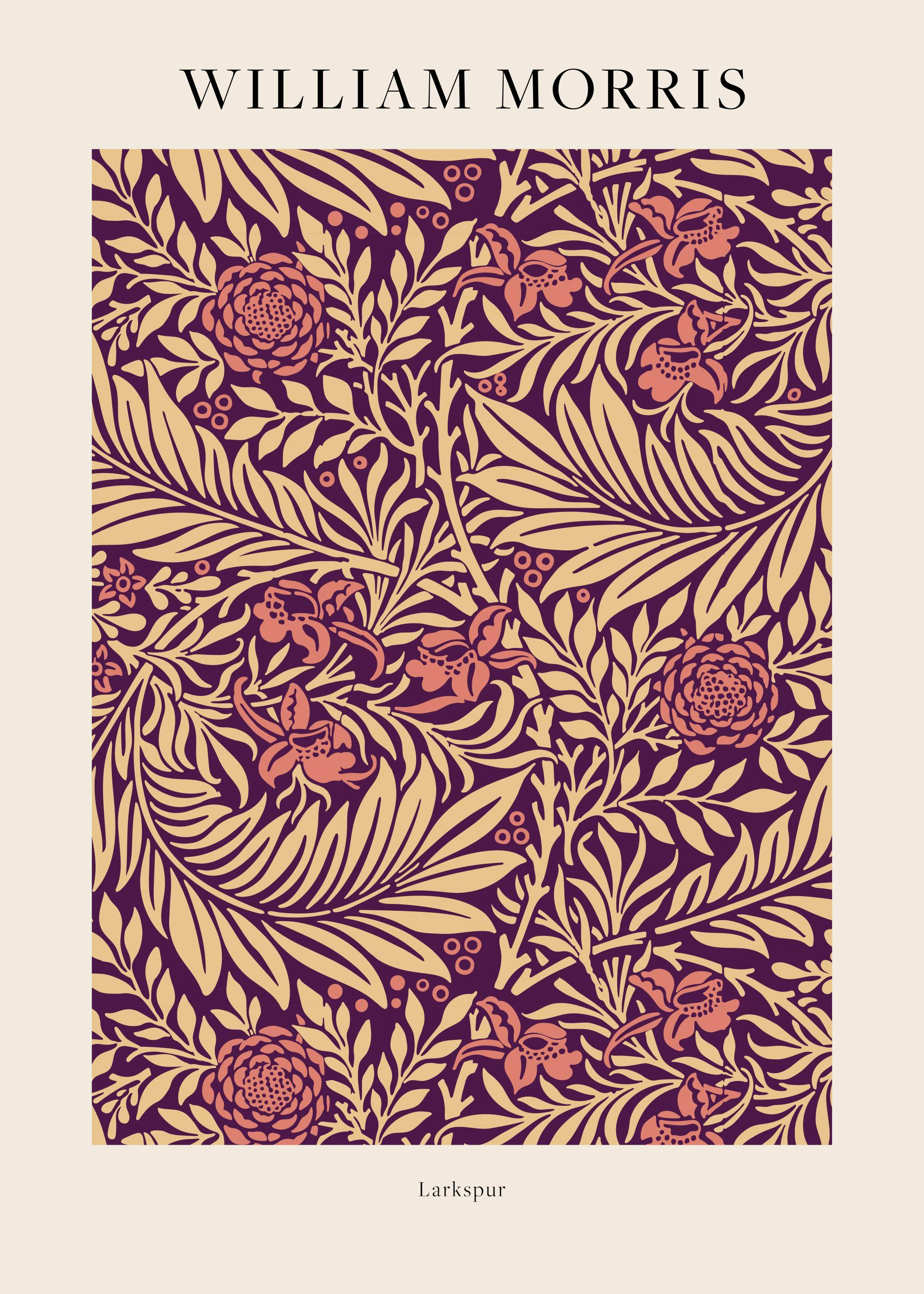 William Morris Larkspur No2 print, floral pattern with pink flowers, beige leaves, and dark purple background.