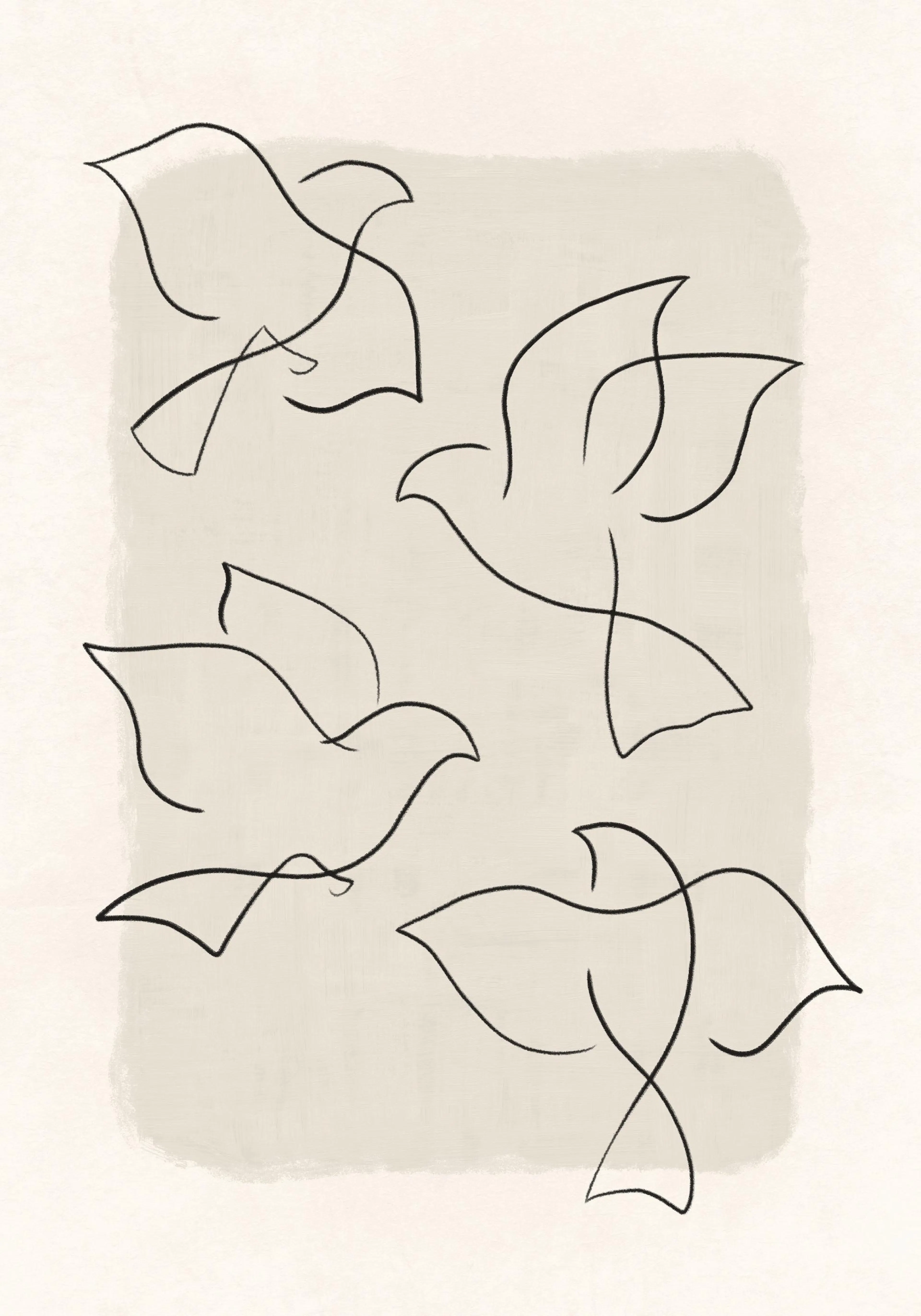 Line Art Vögel Poster: Schwarze Umrisse von Vögeln auf beigem Hintergrund, minimalistisches Design.