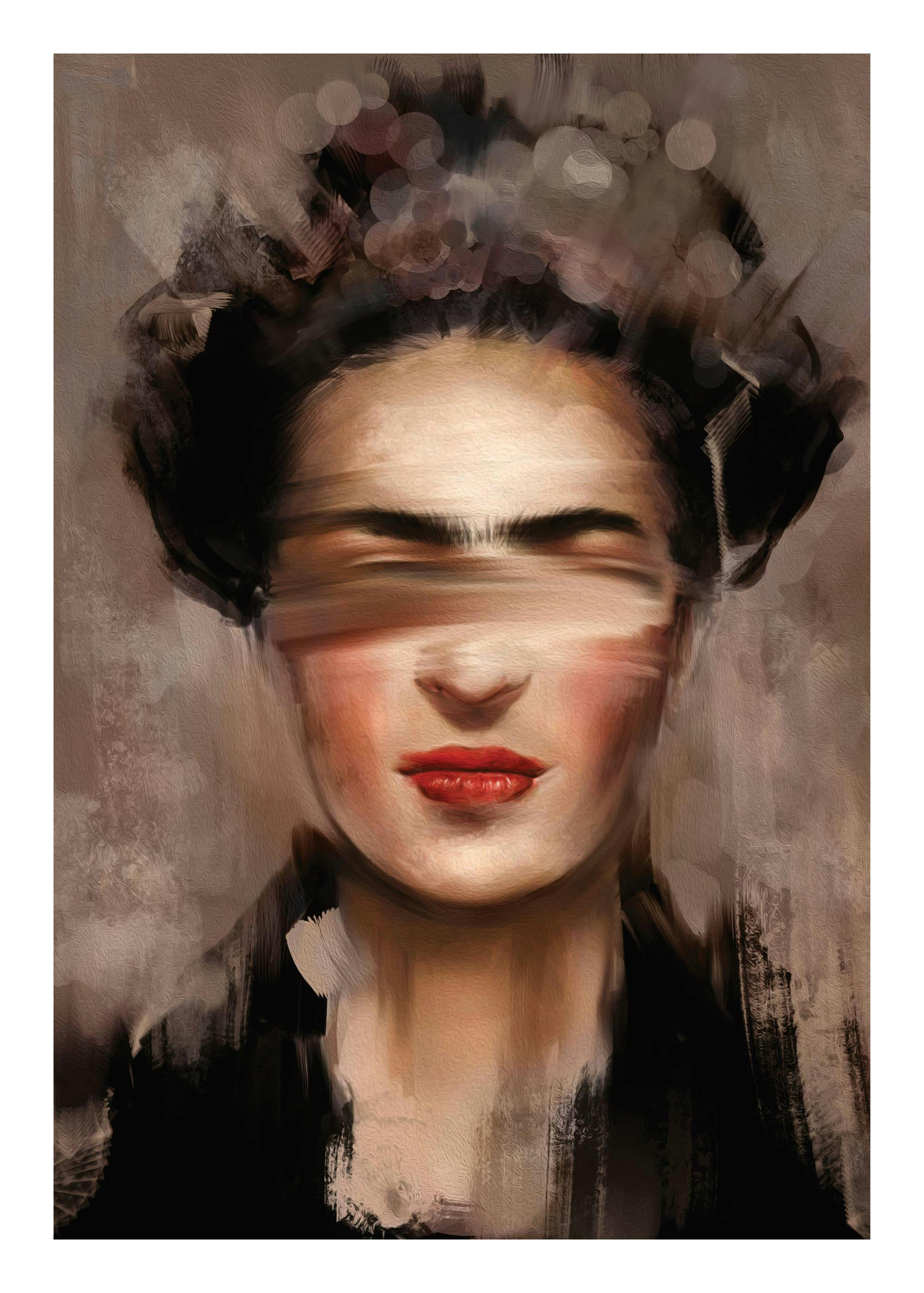 Abstract portrait of Frida Kahlo with red lips, blurred eyes, and dark hair on a beige and brown background.