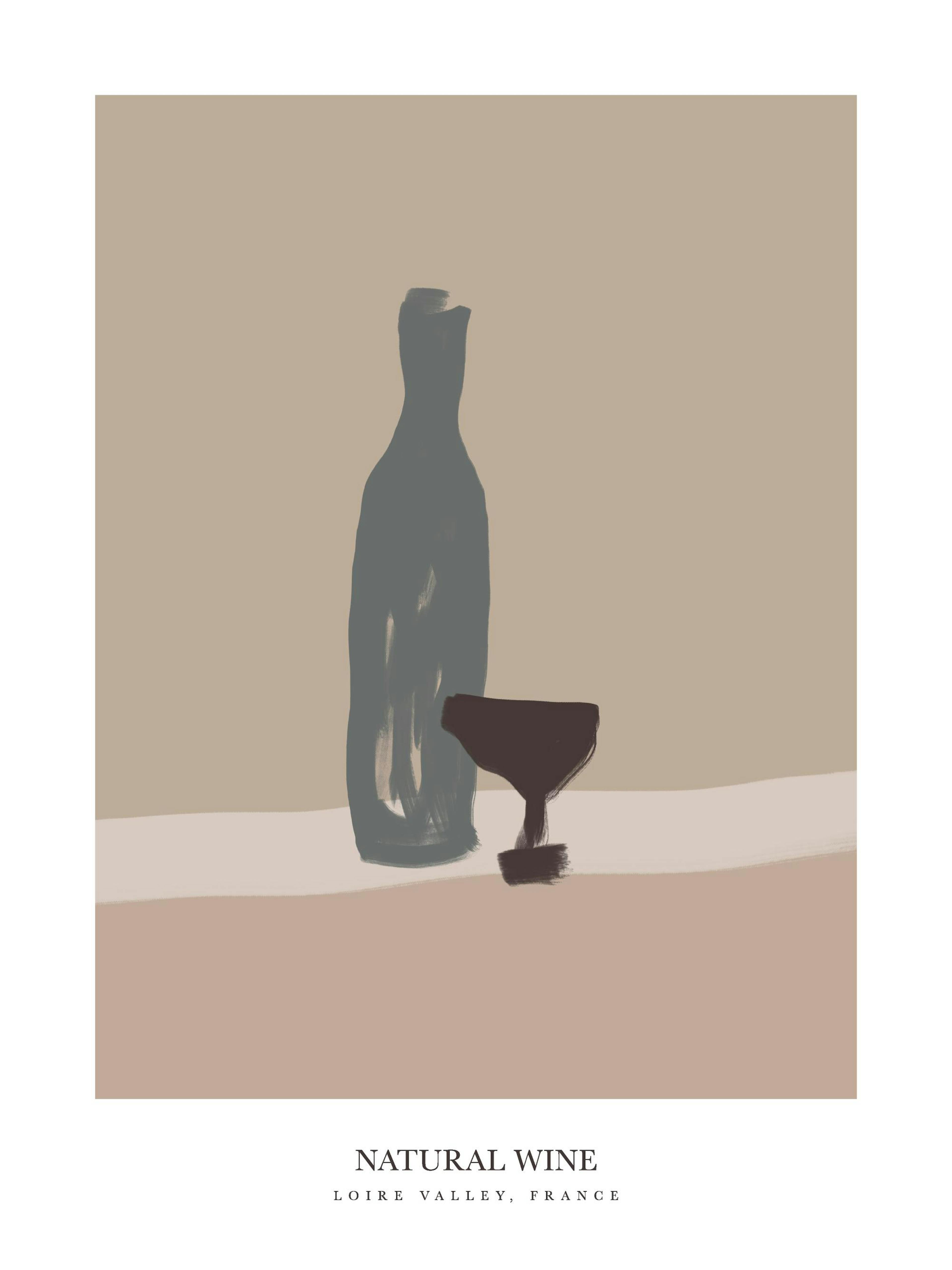 Illustration einer grauen Weinflasche und eines Glases auf beigem Hintergrund, mit Natural Wine Loire Valley, France Text darunt