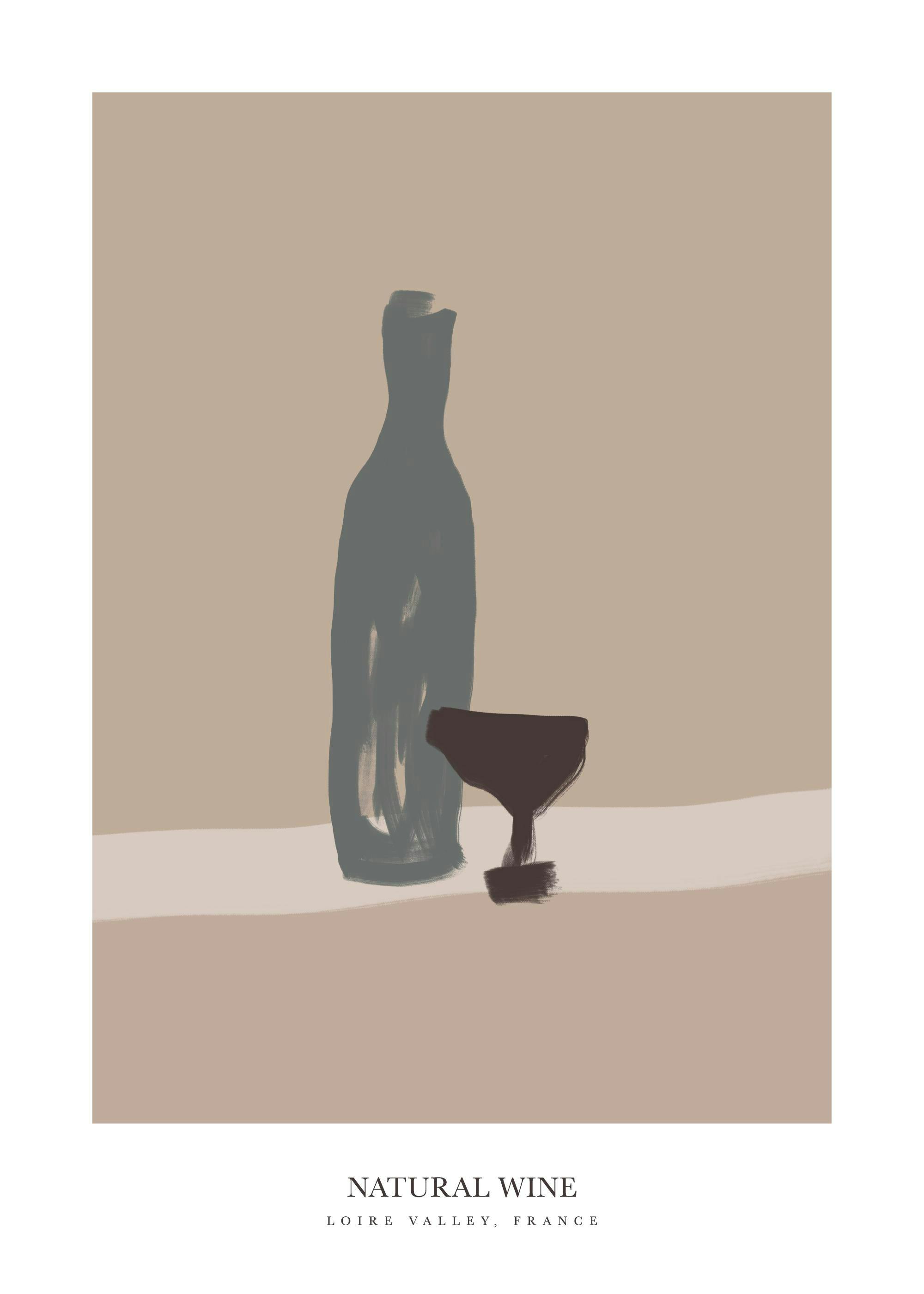 Illustration einer grauen Weinflasche und eines Glases auf beigem Hintergrund, mit Natural Wine Loire Valley, France Text darunt