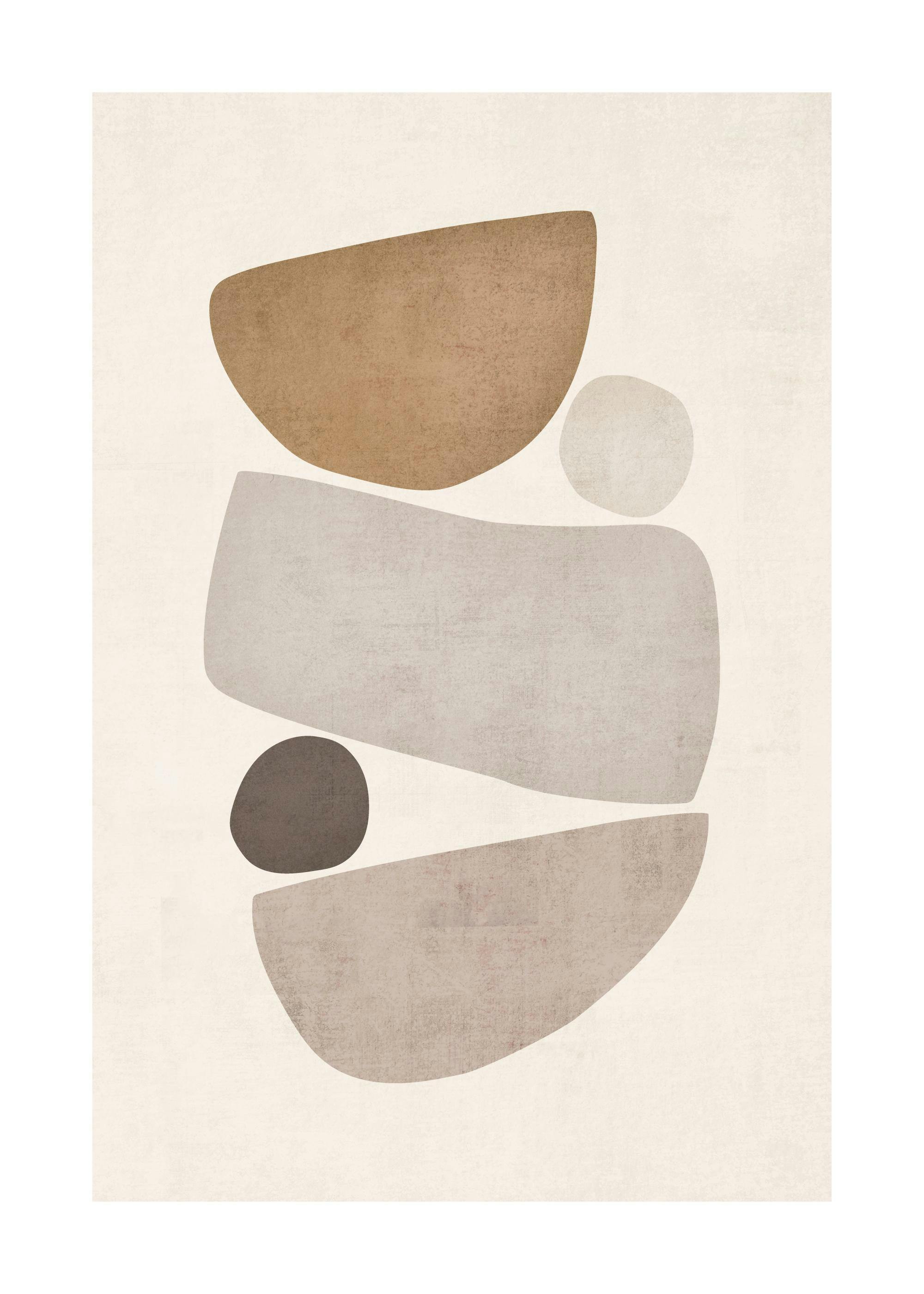 Illustratie met abstracte beige en grijze organische vormen op een lichtbeige achtergrond, zachte textuur.