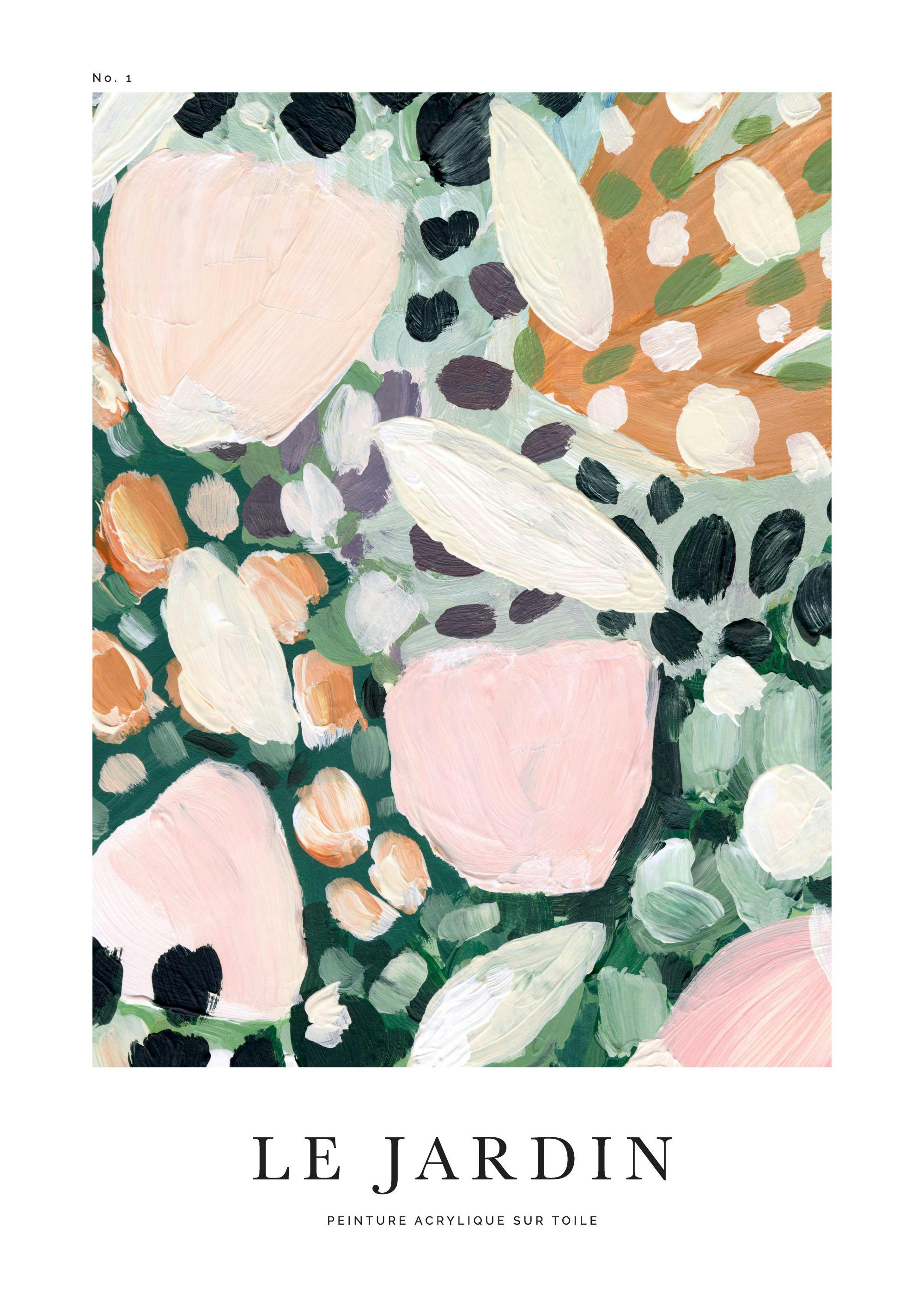 Affiche abstraite de pétales de fleurs colorés en rose, orange, blanc, violet, et vert sur fond bleu-vert, avec le texte Le Jard