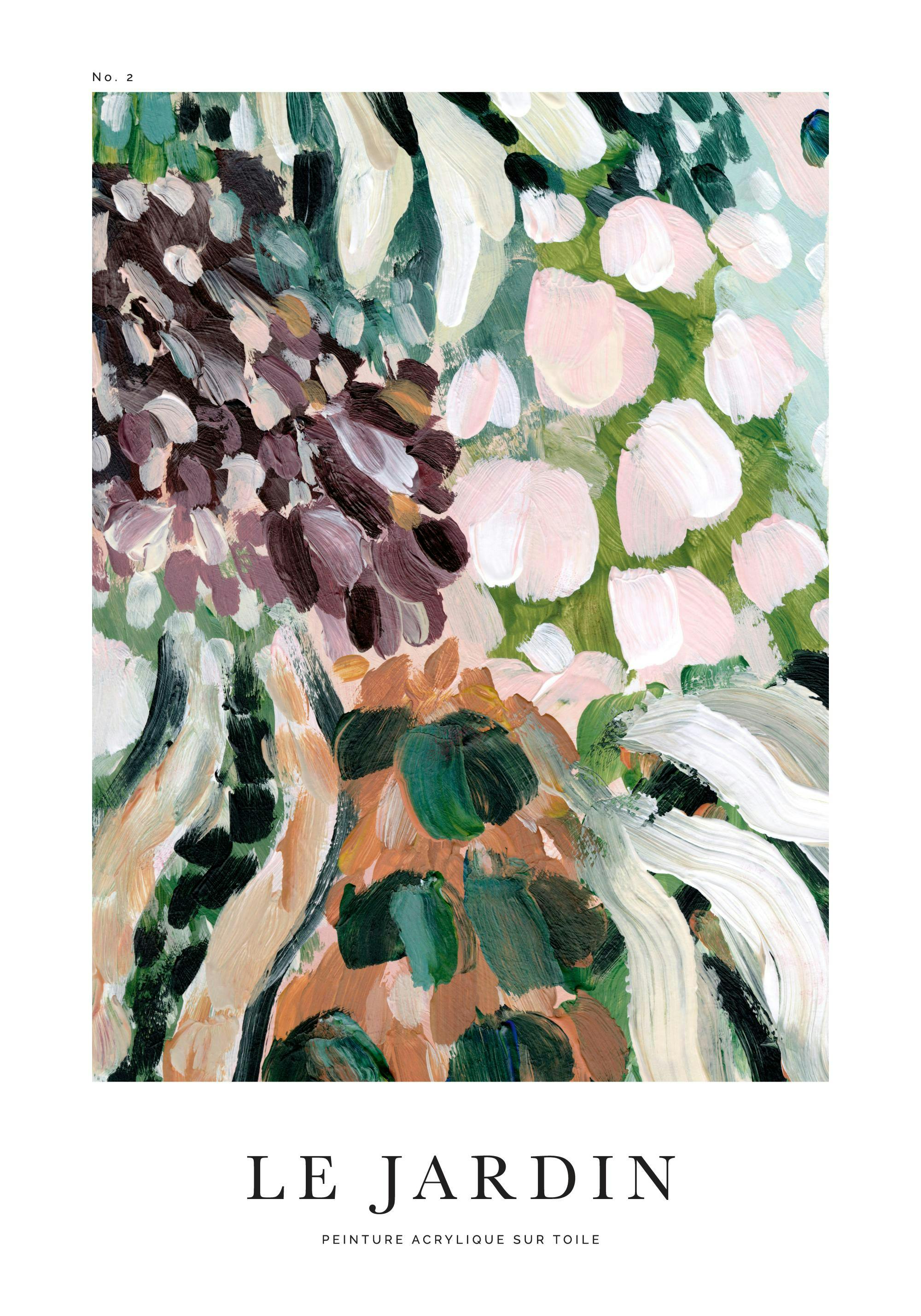 Póster de pintura acrílica con pinceladas de pétalos rosas, violetas, verdes y naranjas sobre fondo verde y azul, con texto Le J