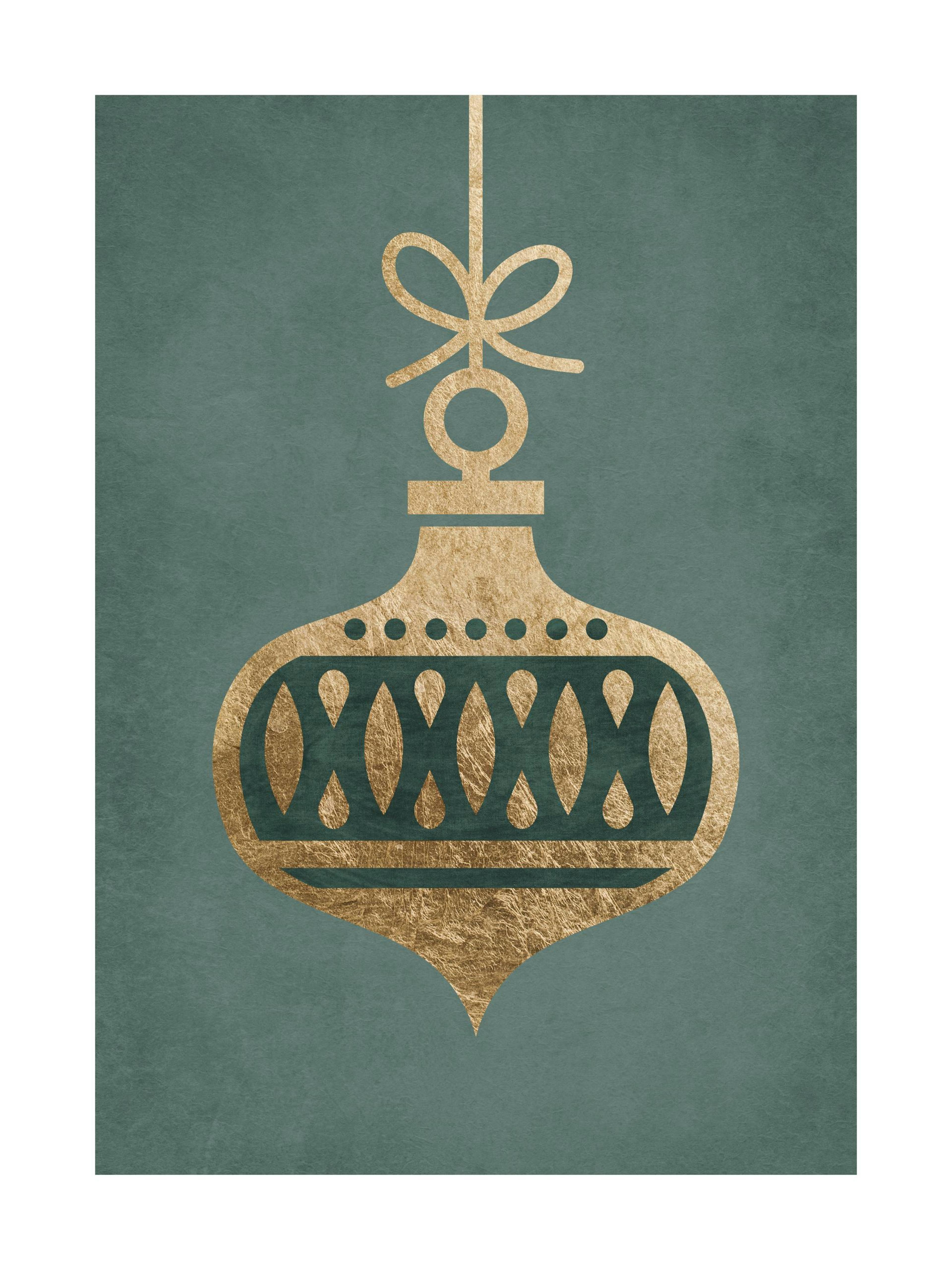 Gold Christmas bauble print with decorative pattern on a green background, a festive poster design.