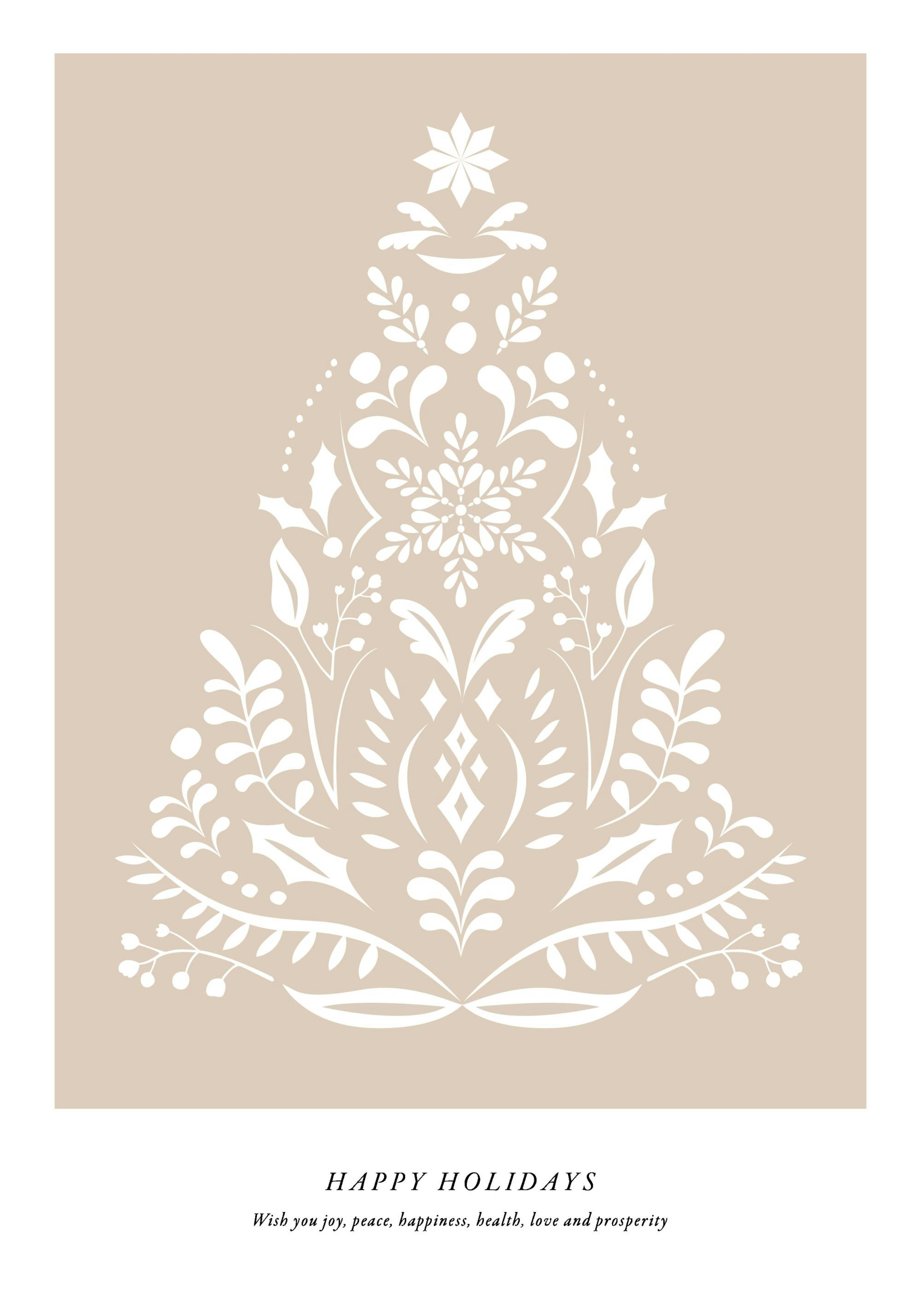Abstract white Christmas tree design on a beige background, with Happy Holidays text. Holiday poster print.