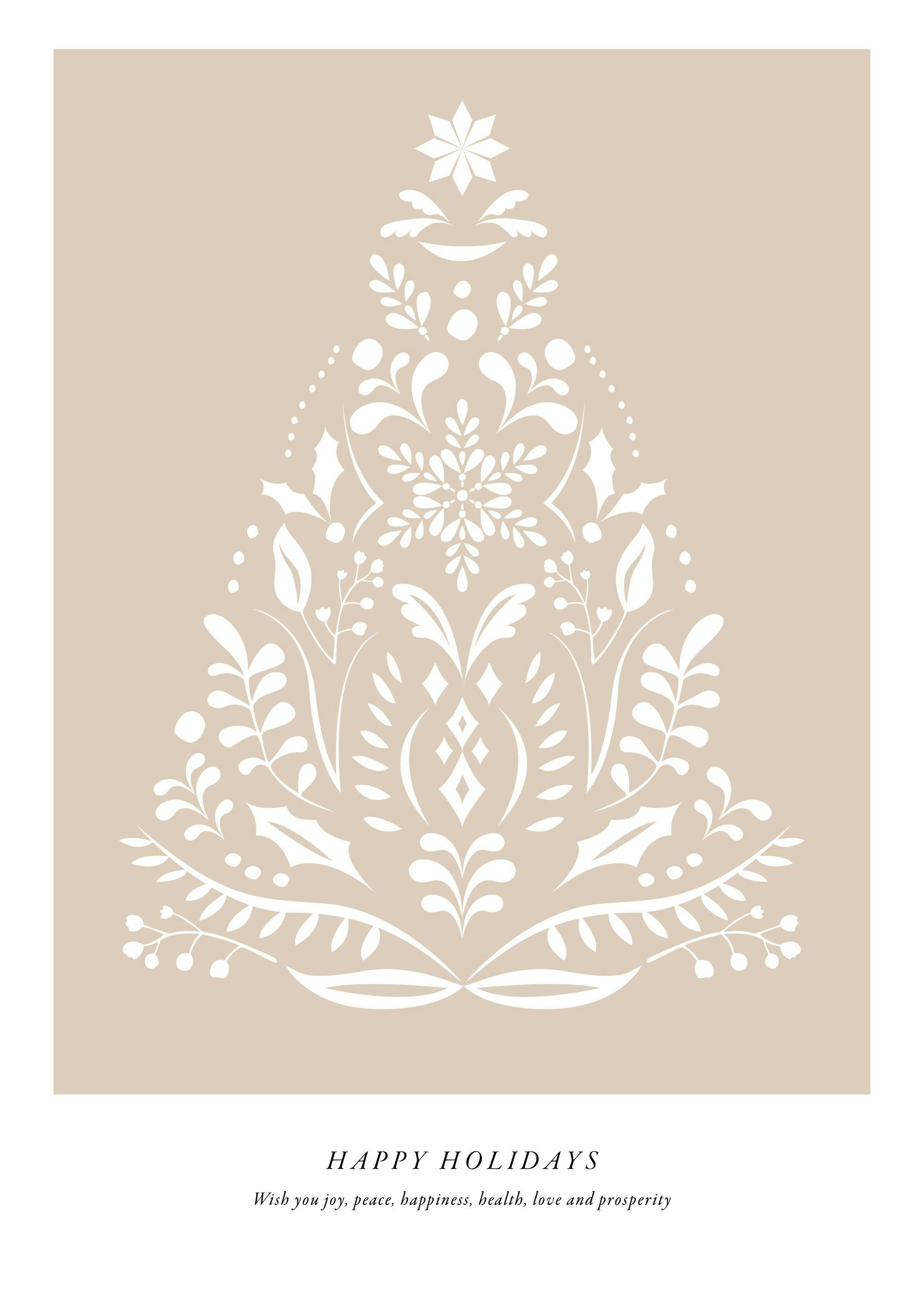 Affiche dun sapin de Noël blanc abstrait, motif floral et typographie en bas sur fond beige