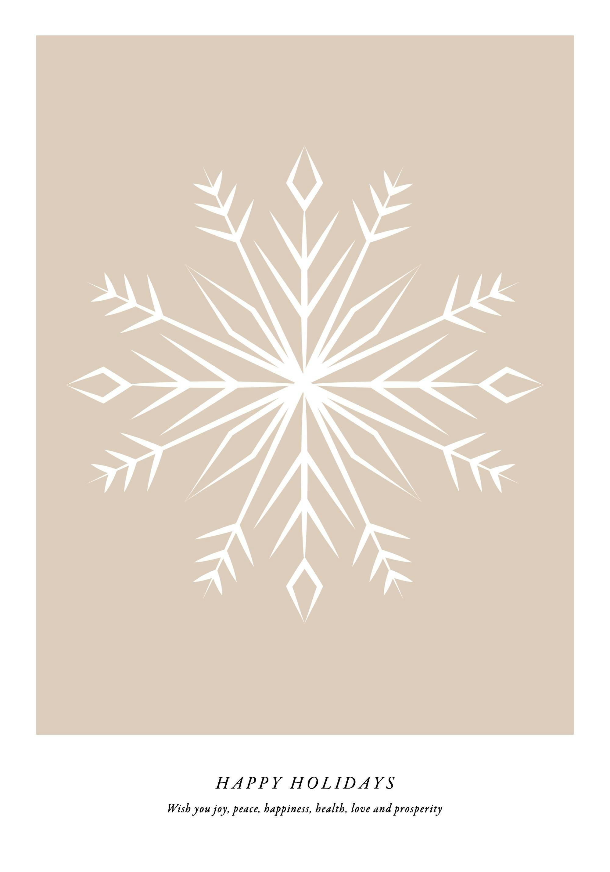 Póster de Navidad con copo de nieve blanco abstracto sobre fondo beige, texto Happy Holidays en negro