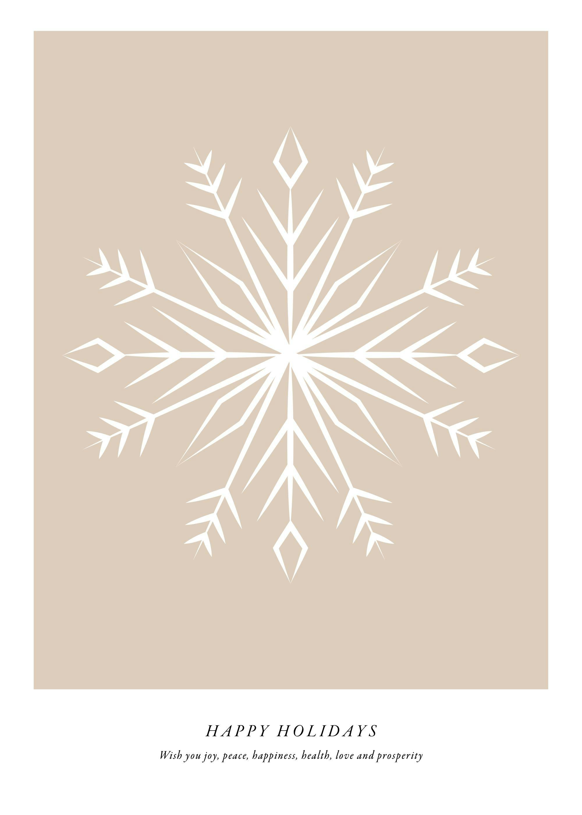 Plakat z białym, abstrakcyjnym płatkiem śniegu na beżowym tle z napisem Happy Holidays, idealny na Boże Narodzenie.