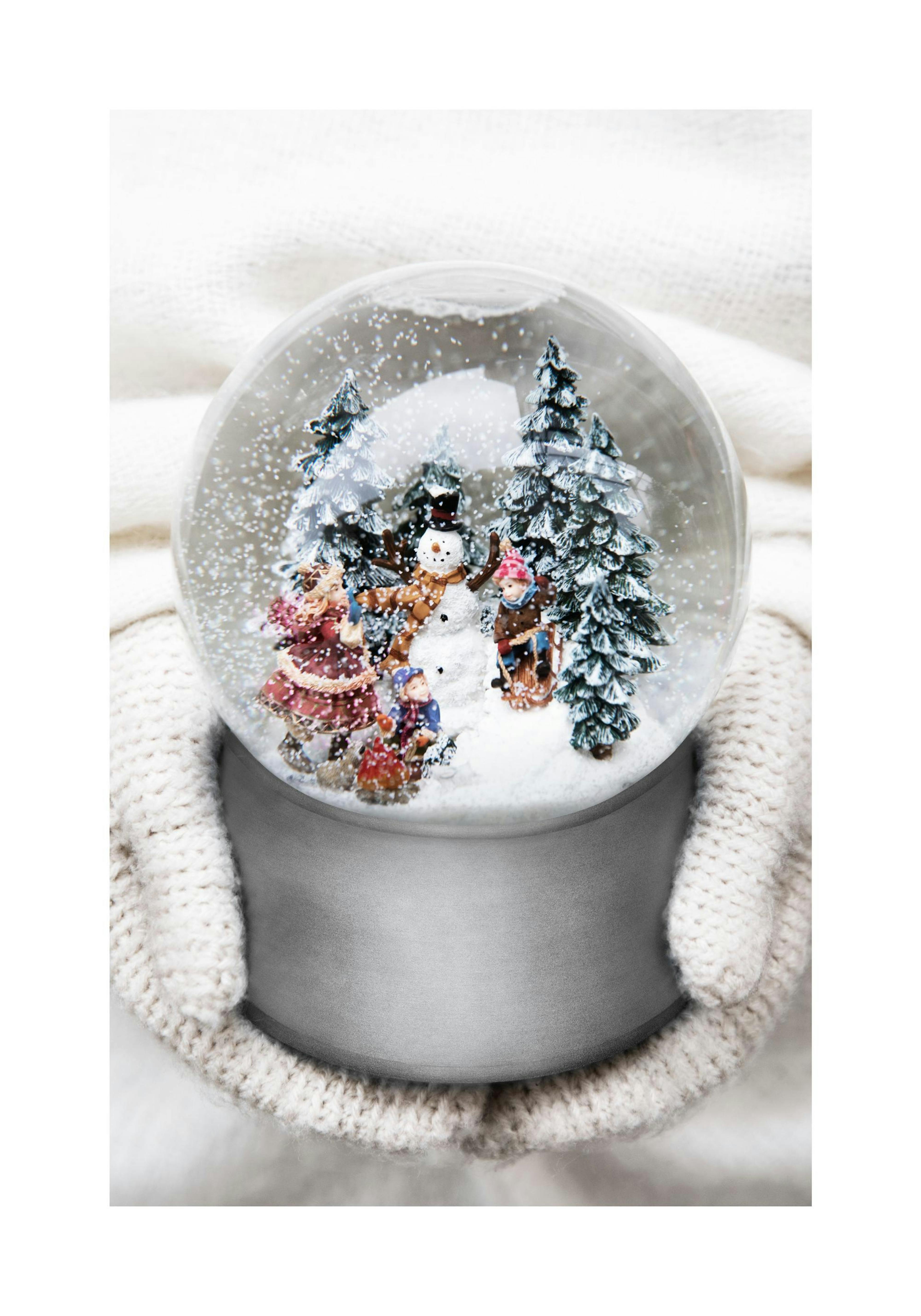 Snow globe poster print with snowman, trees, and kids held by gloved hands, winter holiday print