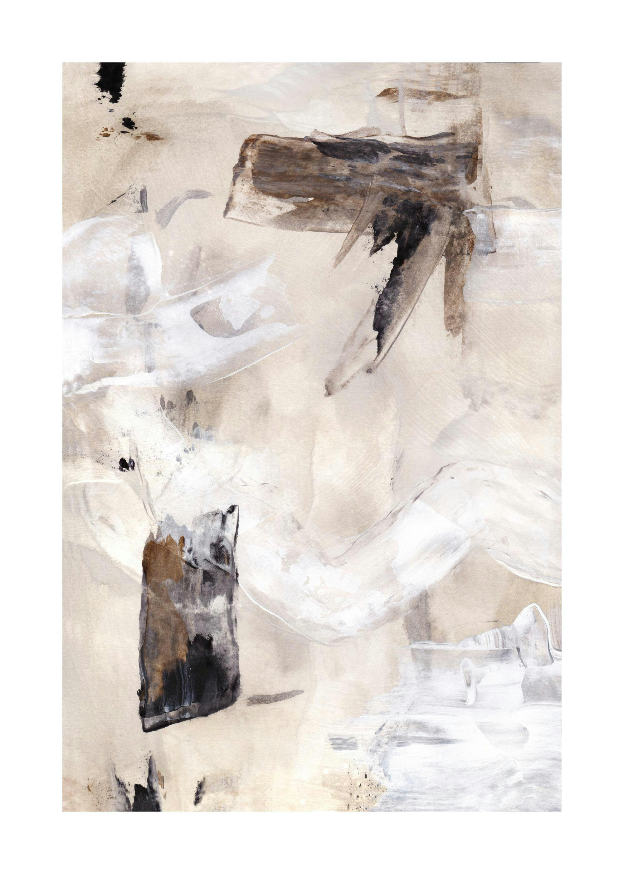 Abstract beige painting with grey, white, and black brushstrokes, creating a serene, tranquil art print.