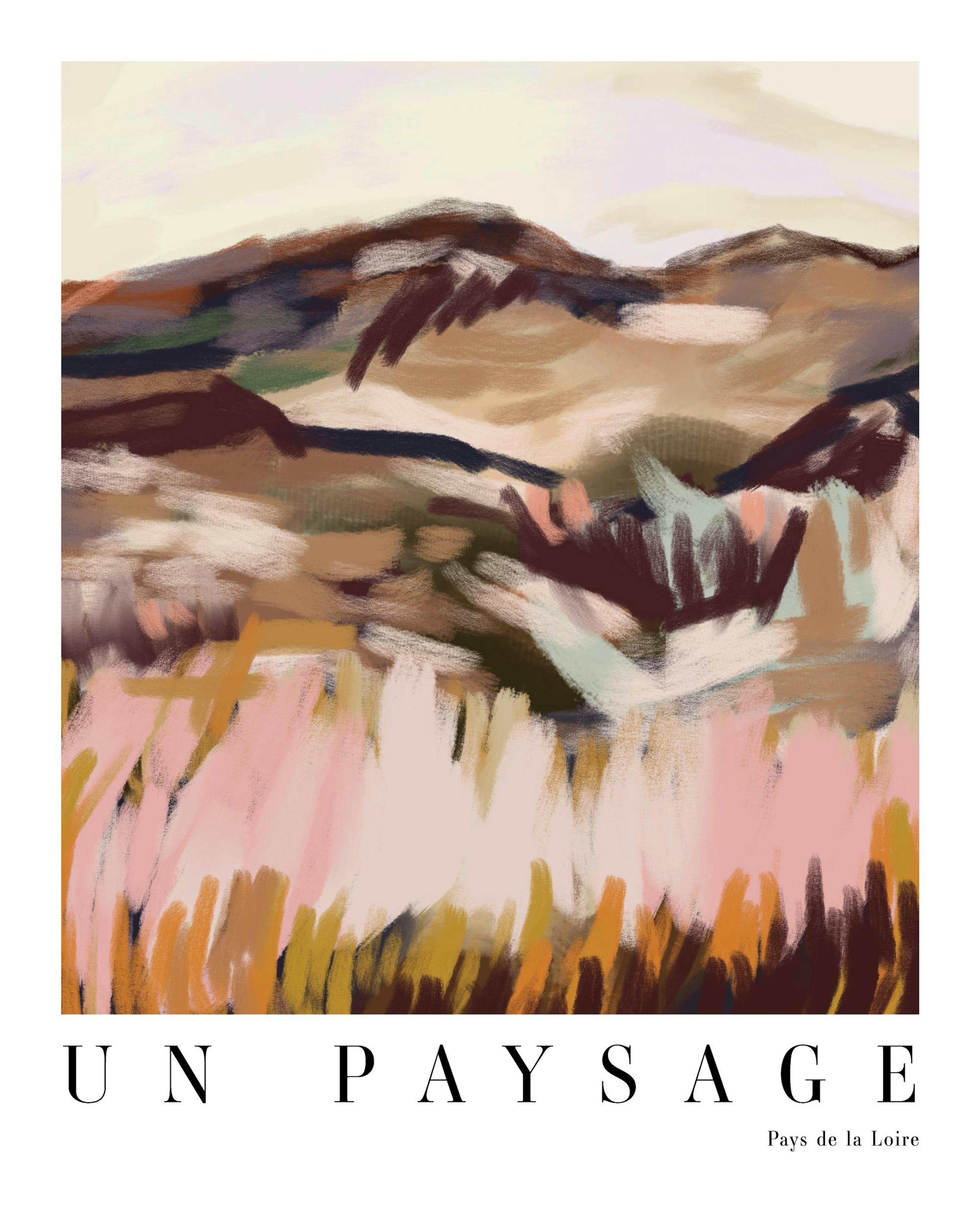 Abstract landscape painting in pink, brown, and beige tones with UN PAYSAGE Pays de la Loire text.